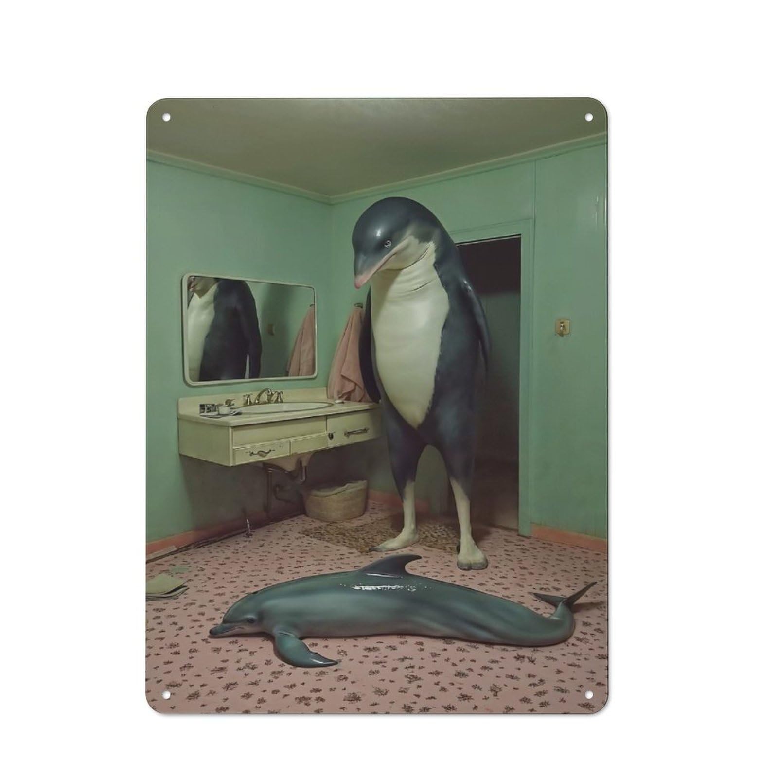 Penguin And Dolphin in Bathroom Classic Metal Wall Decor 40x30cm, Metal Sign for Cafe, Pub, Workshop Or Home Bar, Small Accent for Blank Walls