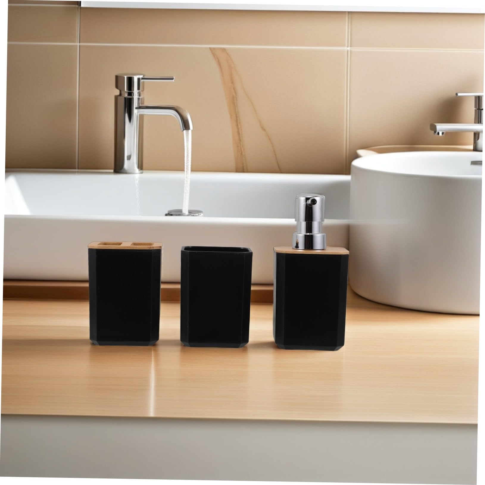 UKCOCO Baño de Bambú Set de Accesorios para Baño Dispensador de Jabón Soporte para Cepillo de Dientes para Decoración Moderna del Hogar o Hotel Incluye Vaso de Lavado