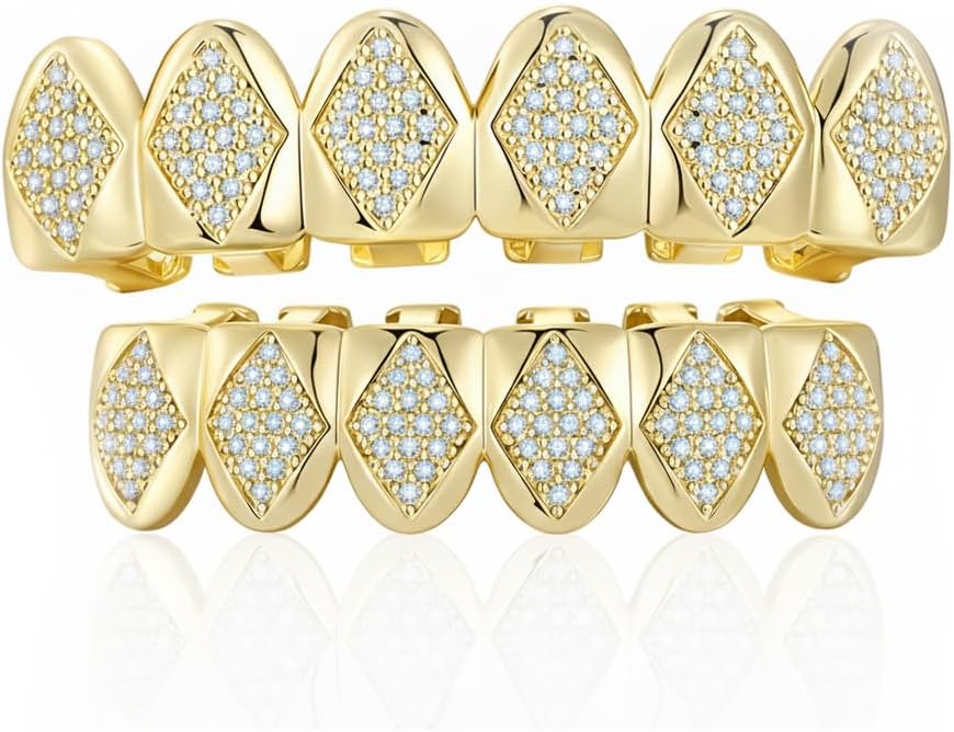 Hip Hop Gold/Silver Teeth Grills for Your Teeth, 18K Gold/Silver Plated Brass Grillz for Men Women, Iced Out Zirconia Diamond Gold/Silver Grillz for Teeth, Adult Party Bling Tooth Grill Set with Case & Gel