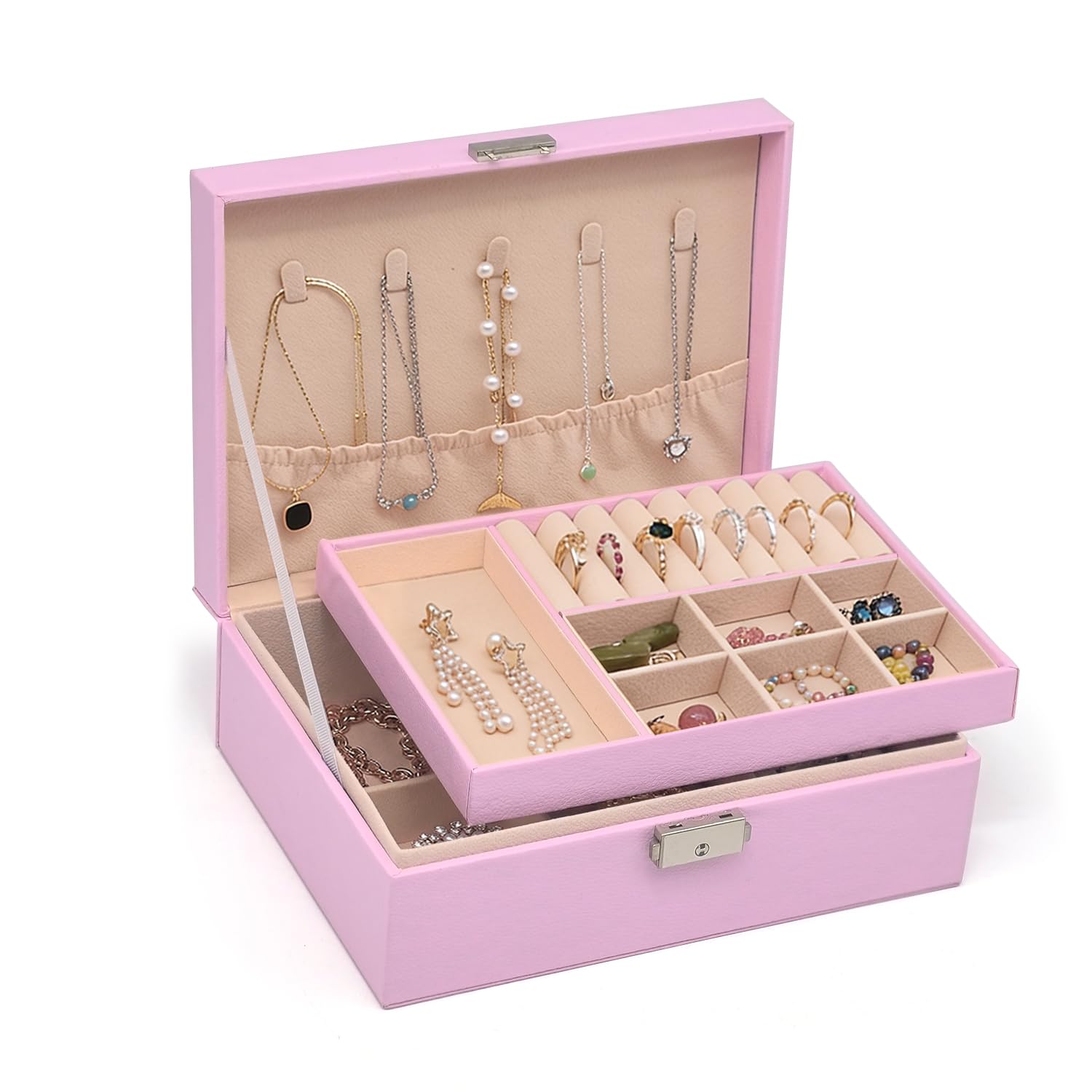 Portagioie Da Viaggio In PU E Velluto - Organizer Per Anelli, Orecchini E Collane, Rosa, 11,5x16x5 Cm - 3