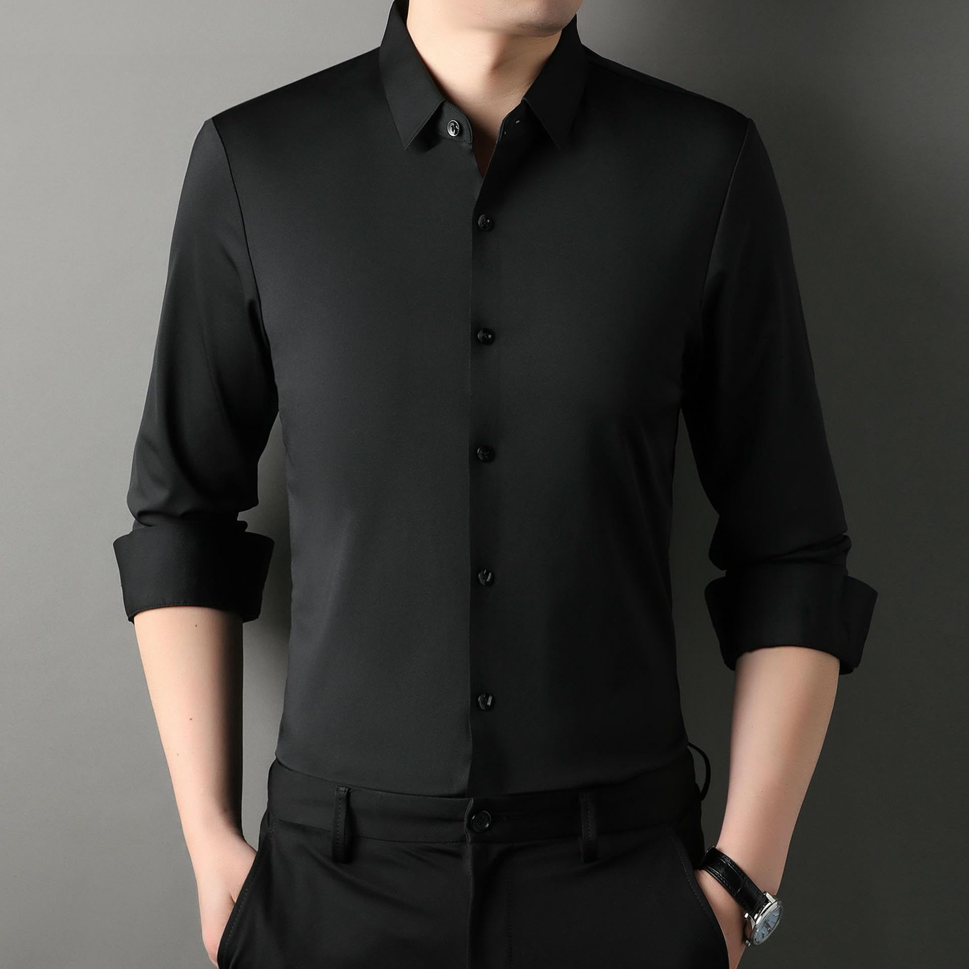Herren Einfarbiges Langarm Nahtloses Knitterfreies Elastisches Atmungsaktives Business Casual Schmal Geschnittenes Weißes Hemd