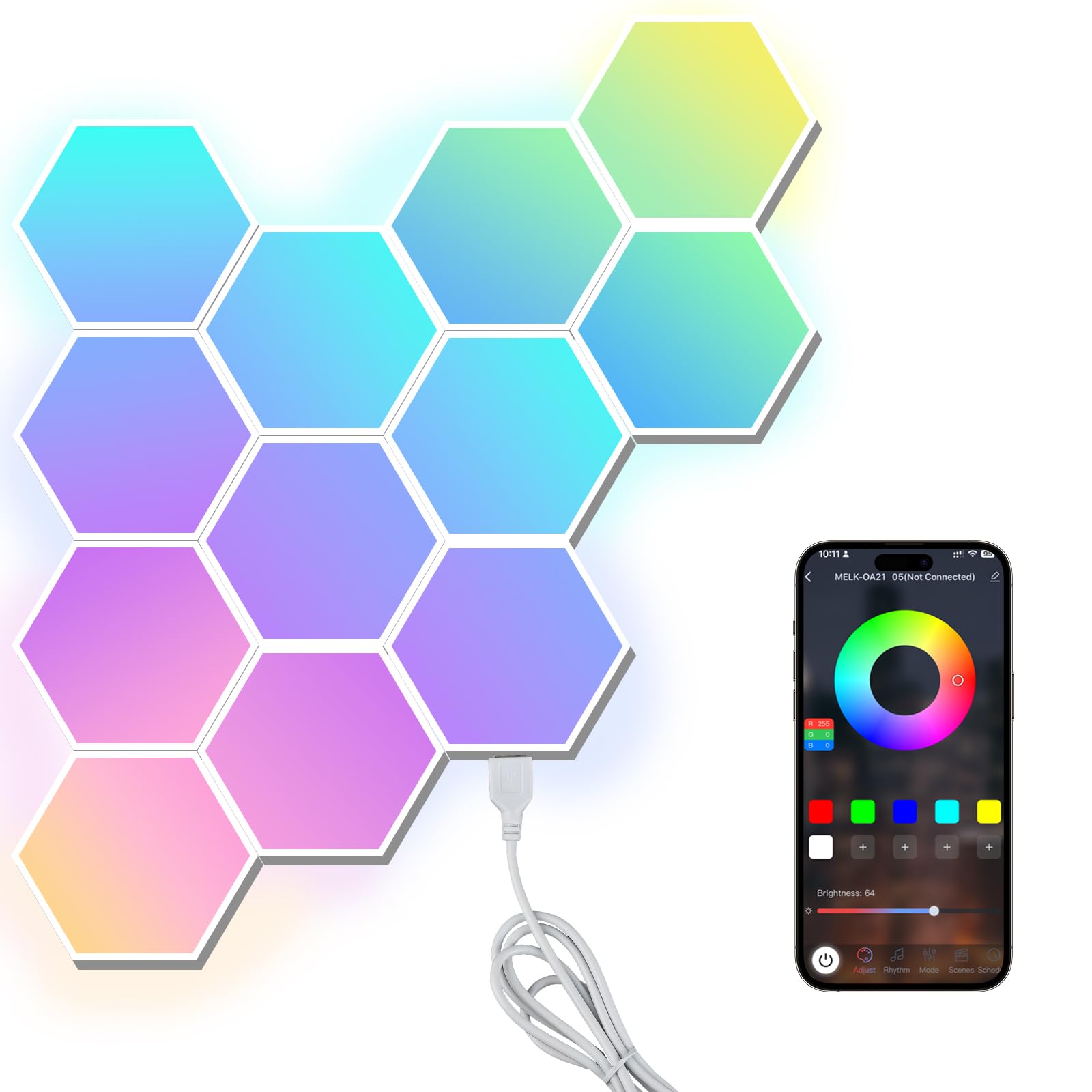 RGBIC Lot de 12 appliques murales à DEL hexagonales avec contrôle par application et synchronisation de la musique, kit d'éclairage modulaire à changement de couleur pour salle de jeux, chambre