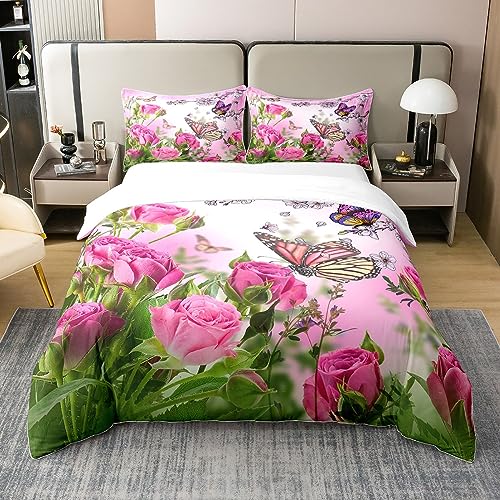 100% Cotton Rose Flowers Comforter Cover Butterfly Garden Bedding Sets for Girls Women Spring Floral Fresh Nature Duvet Cover Blooming Rose Pastel Bedspreads Cover with 2 Pillow Cases Double Colorful