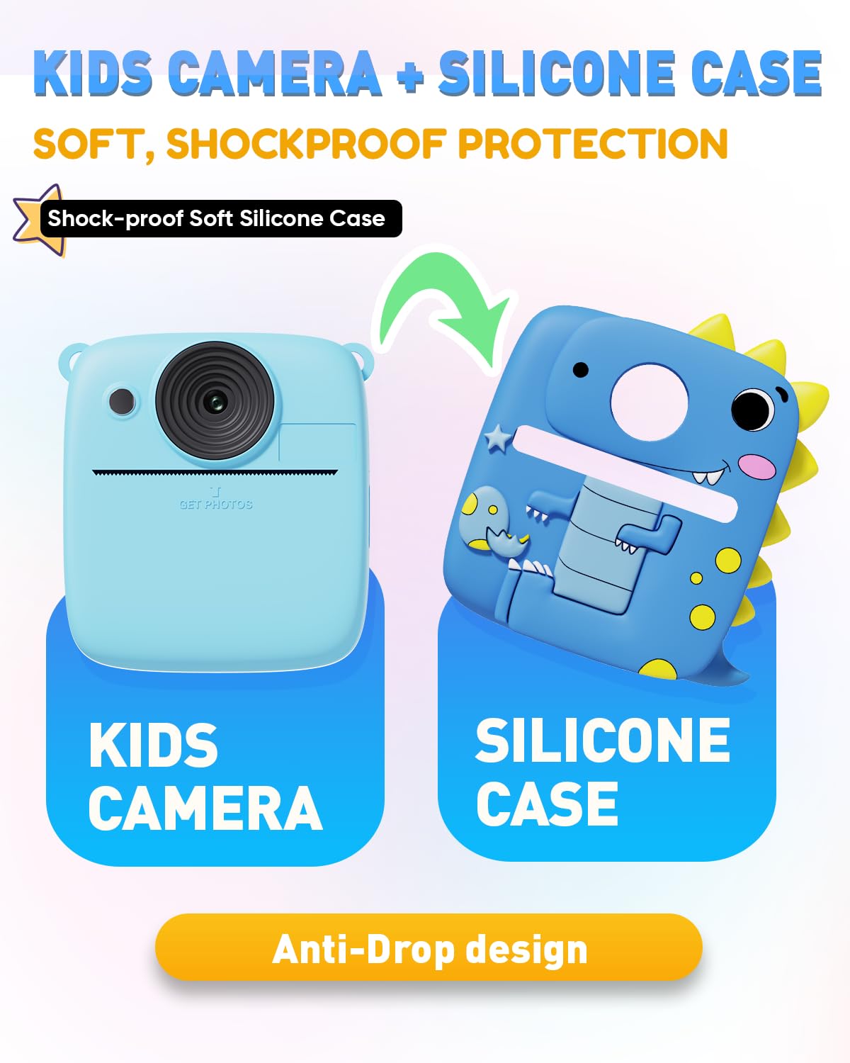 Cámara de impresión instantánea para niños con funda de silicona de dinosaurio, cámara digital 1080P, 3 rollos de papel de impresión, cumpleaños para niños y niñas de 3 a 8 años (azul)