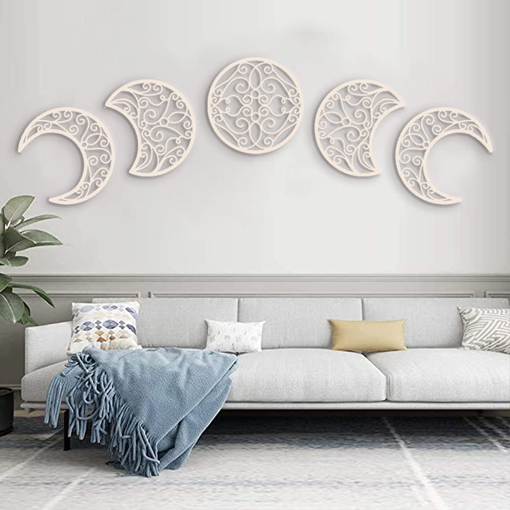 DYBOHFMoon Wall Decoration, Phase Art Hanging (5 Pieces) Nordic Wood Appearance Natural Design, Boho Bedroom Decor Home Interior (Wood Color)