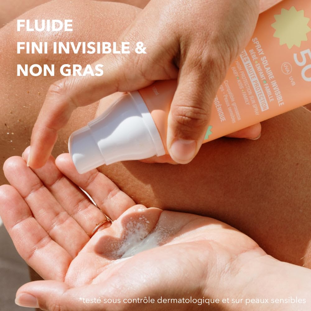 Made in France - Crème Solaire SPF 50 Plus Bébé et Enfant - Spray Invisible Visage et Corps - Peau Sensible - Hypoallergénique à l’Aloe Vera