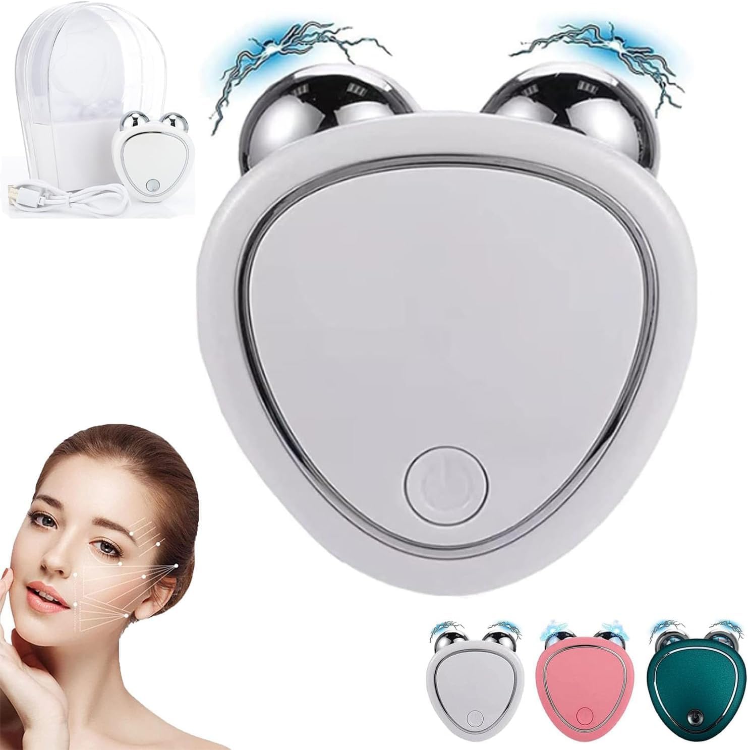 Skindion - Rodillo de microcorriente para dispositivo facial, escultor facial y ejercitador de mandíbula, levanta la cara y aprieta la piel, antiarrugas, carga USB, con 3 engranajes (blanco)