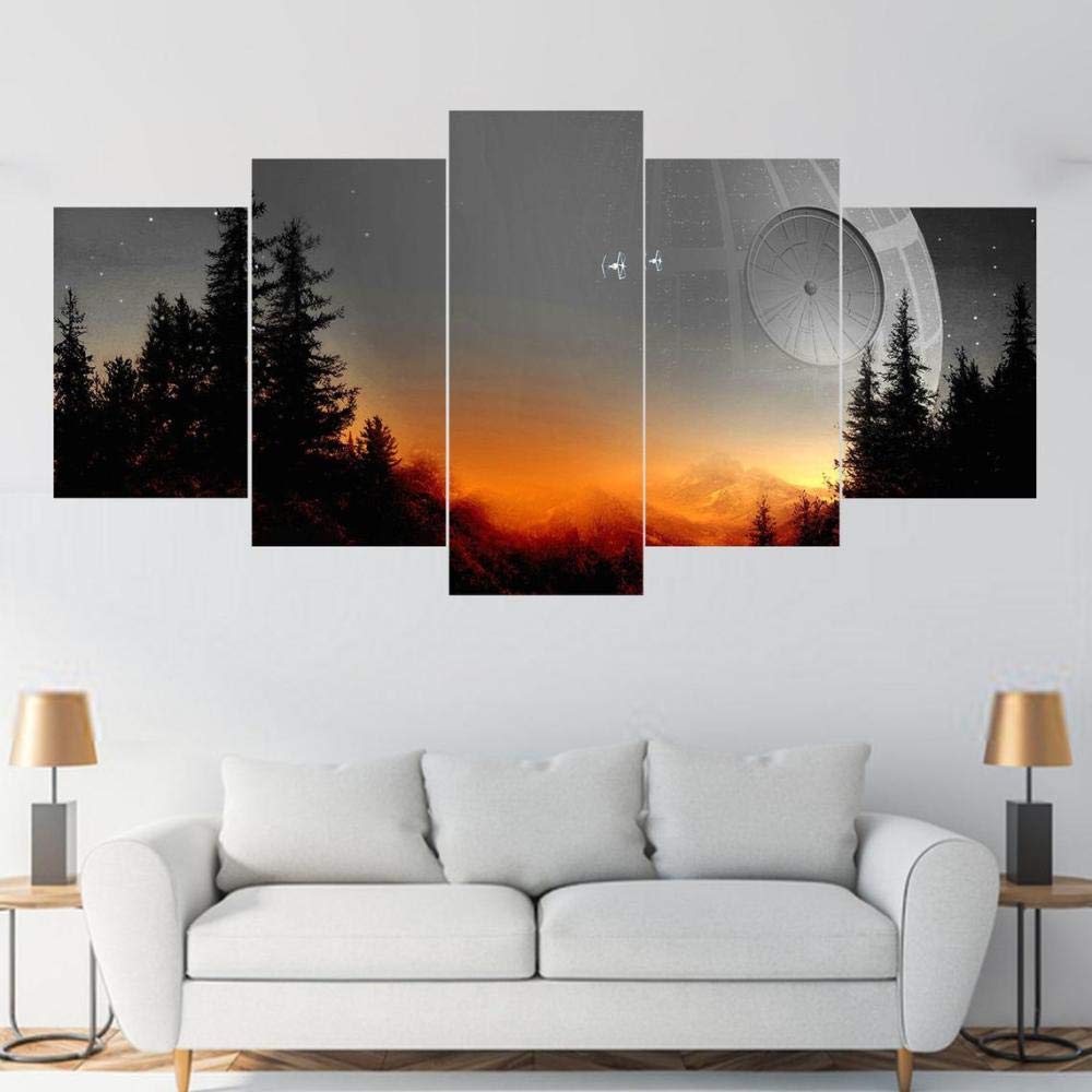 IKDBMUE 5 Paneele Leinwand Wandkunst Star Wars Todesstern Sonnenuntergang Wandgemälde Bilder Kunstwerk Poster Schwarz Weiß Wanddekoration Gerahmte Drucke für