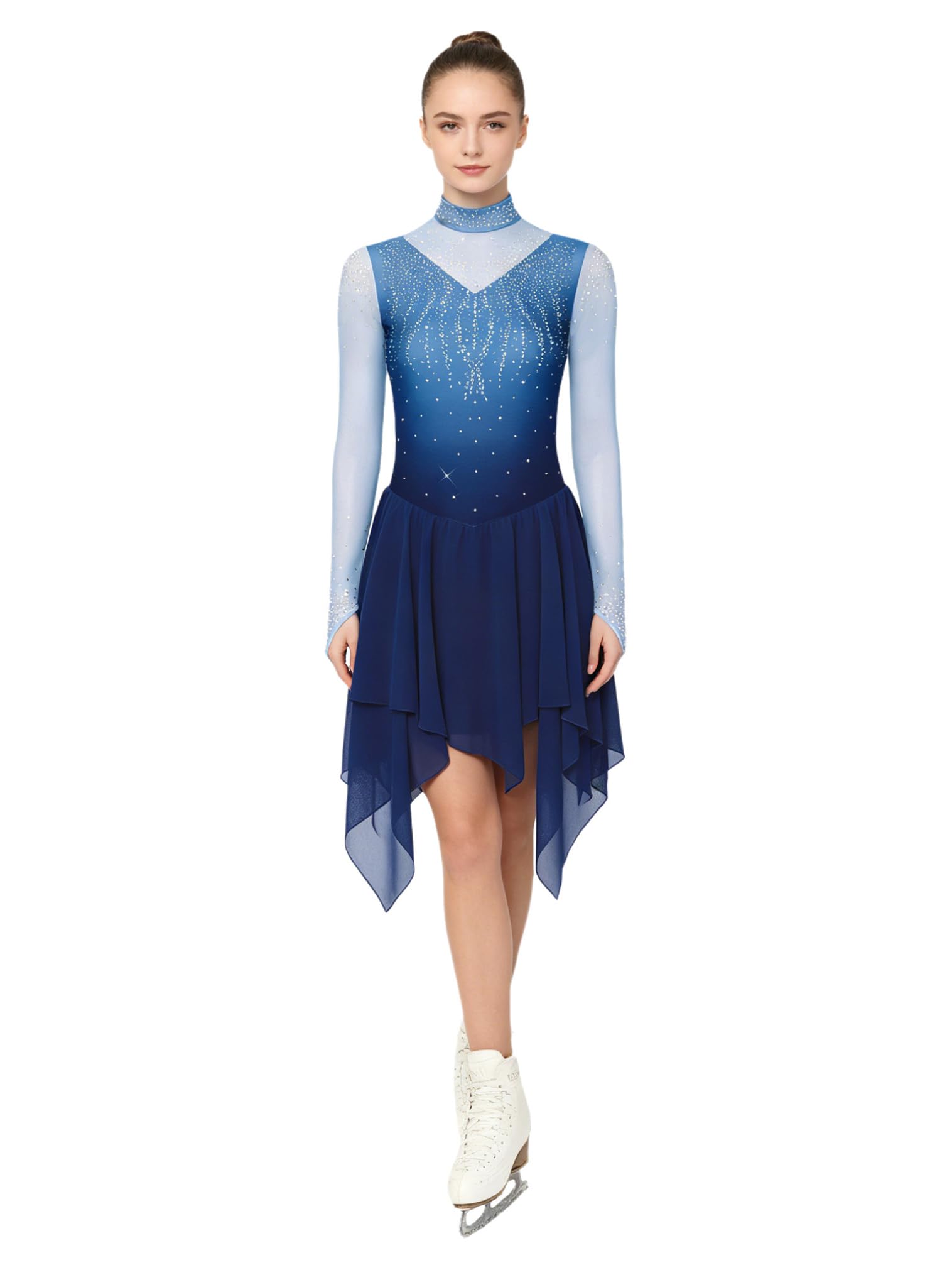 FEESHOW Damen Lyrisch Tanzkleid Langarm Farbverlauf Salsa Walzer Kleid Unregelmäßiger Saum Ballroom Tanzkostüme