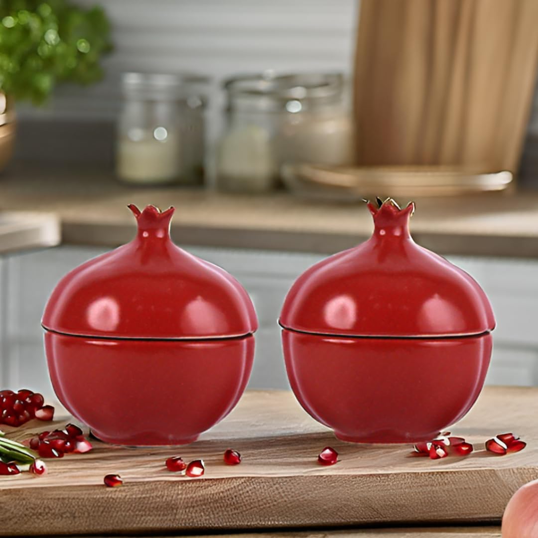 Kraftlik Handicrafts Hand Pomegranate Shape Dry Fruits Bowl with Lid | Jars for Kitchen Storage & Pickle Containers for Dining Table for Kitchen & Dinning Table(Pack of 2) Tray-ANAR2
