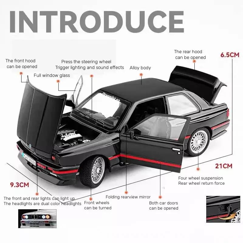 Image of Big size1:24 B-M-W M3 E30 1988 1:24 diecast Metal Pullback Toy car with openable Doors & Light, Music Boys car for Kids Best Toys Gifts Toys for Kids (Black Color)