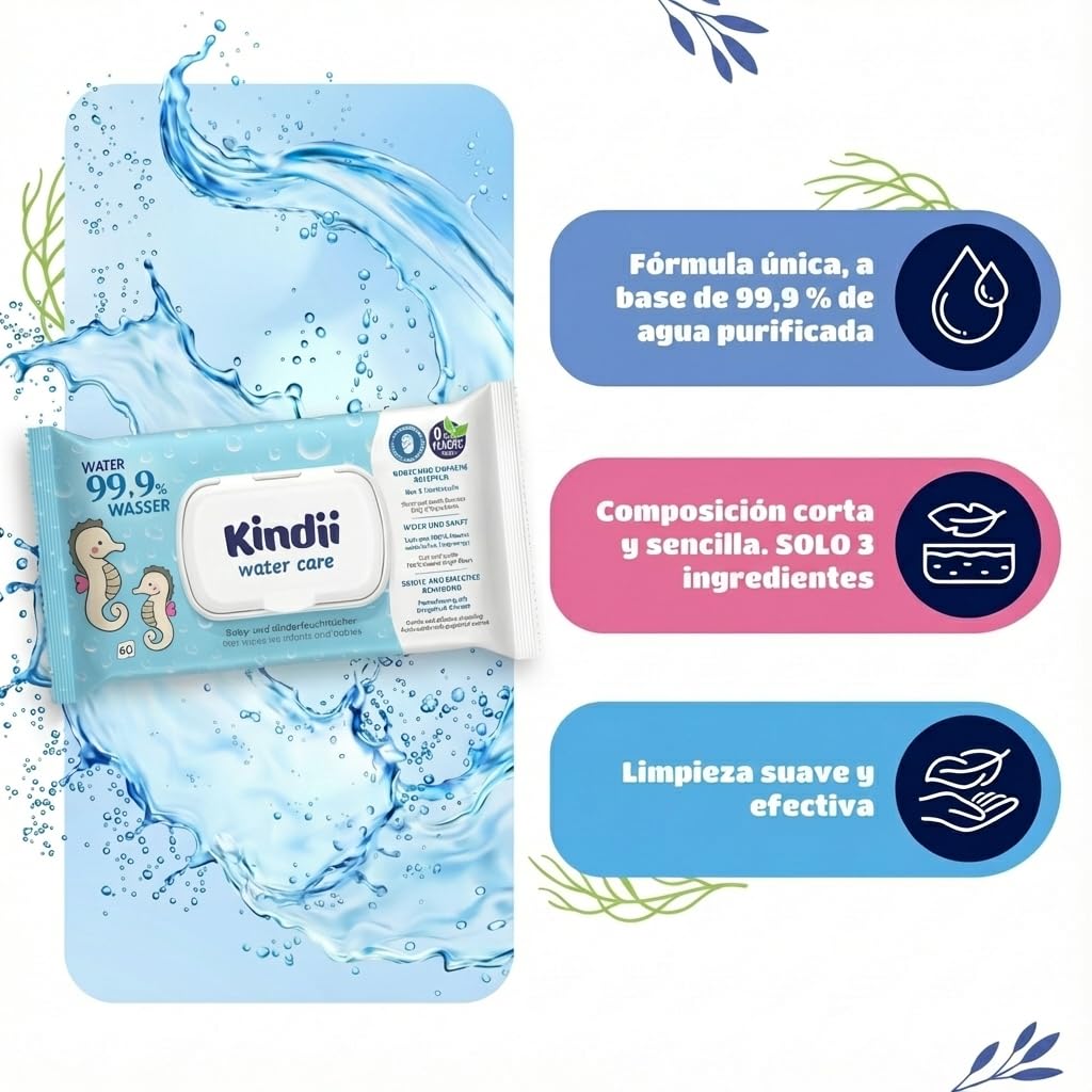 Kindii Water Care – Toallitas Bebé Agua 100% Viscosa, 99,9% Agua, Extracto de Pomelo, 150 × 200 mm, Biodegradables, Sin Plástico – Piel Sensible — view 7