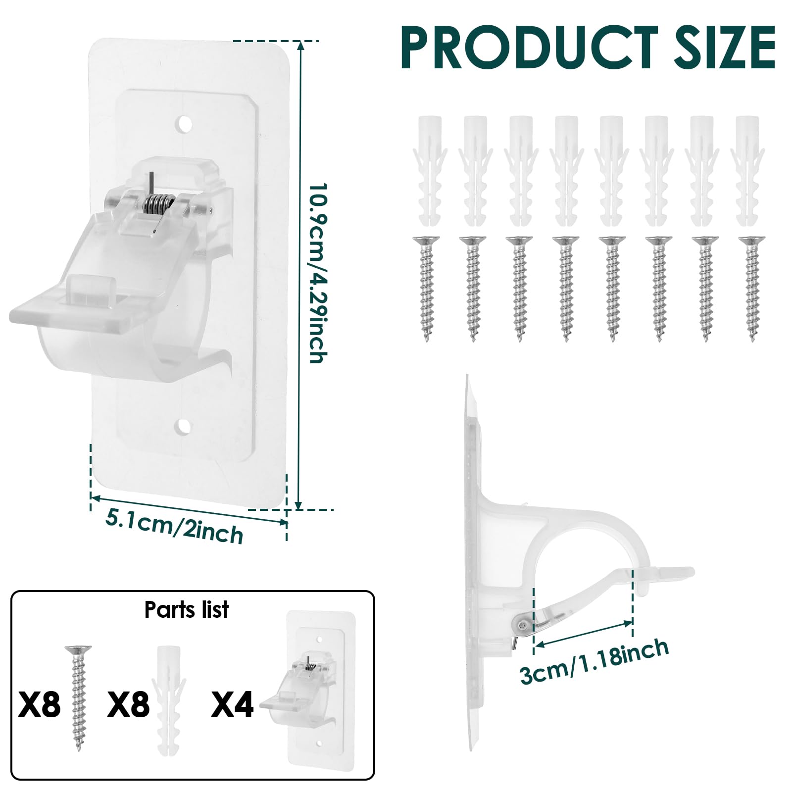 4 Pcs No Drill Curtain Rod Brackets, Self Adhesive Clear Plastic Curtain Rod Hanger, No Drilling Curtain Rod Hooks, Adjustable Curtain Rod Hooks, Curtain Hangers for Bathroom Living Room Restroom
