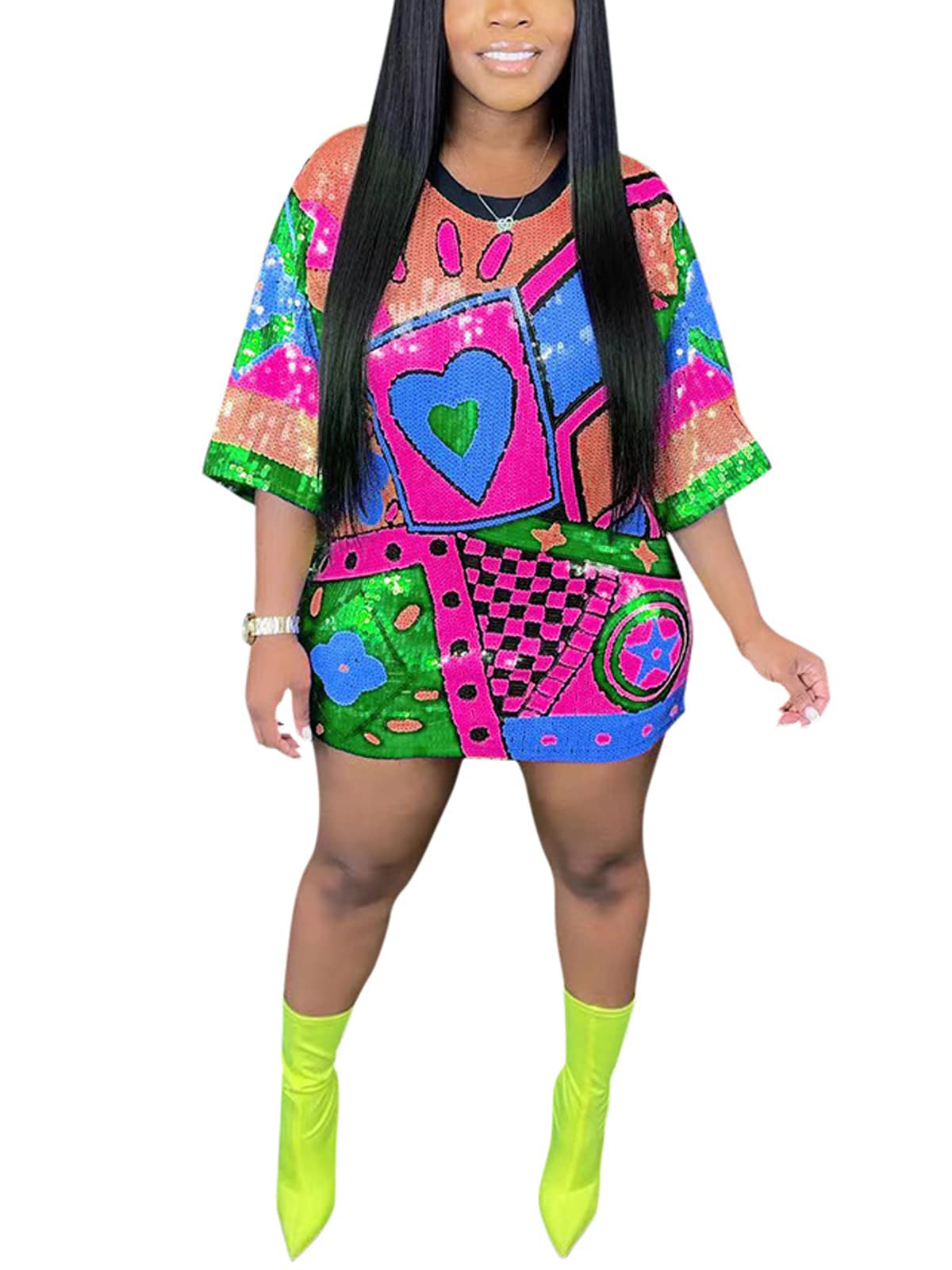 ALLUMK Women Sexy Glitter Sequin Shirts Dress Letter Graphic Print Half Sleeve Party Club Short Dress