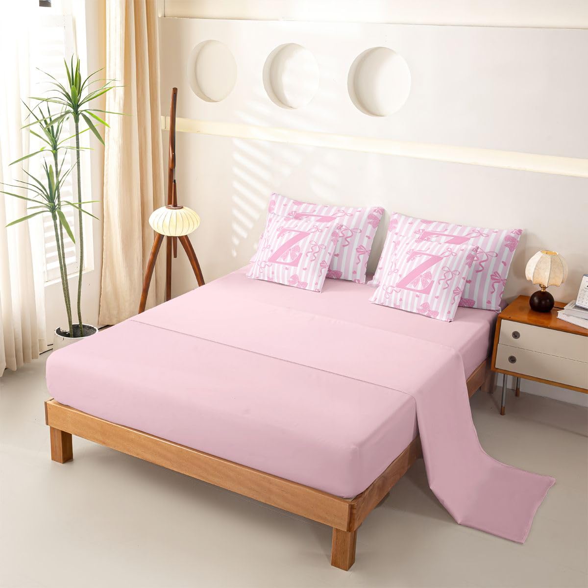 Loussiesd Juego de ropa de cama de 7 piezas con diseño de lazo rosa y blanco, para niños y niñas, con funda de edredón, sábanas, fundas de almohada, fundas de cojín, tamaño Super King