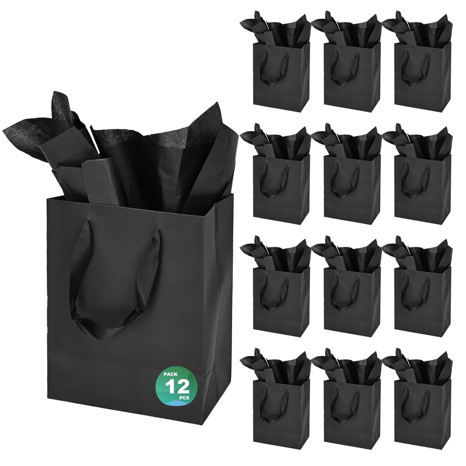 Papertide 12 Pack Black Medium Gift Bags 17.8x10.2x22.9cm with Tissue Paper