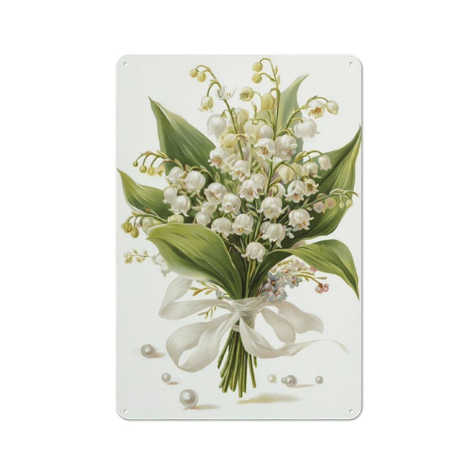 Junmoney White Lily Of The Valley Bouquet With Pearls Metal Sign 30X20cm, Vintage Bar Wall Plaque For Diner, Restaurant, Shed Or Kitchen