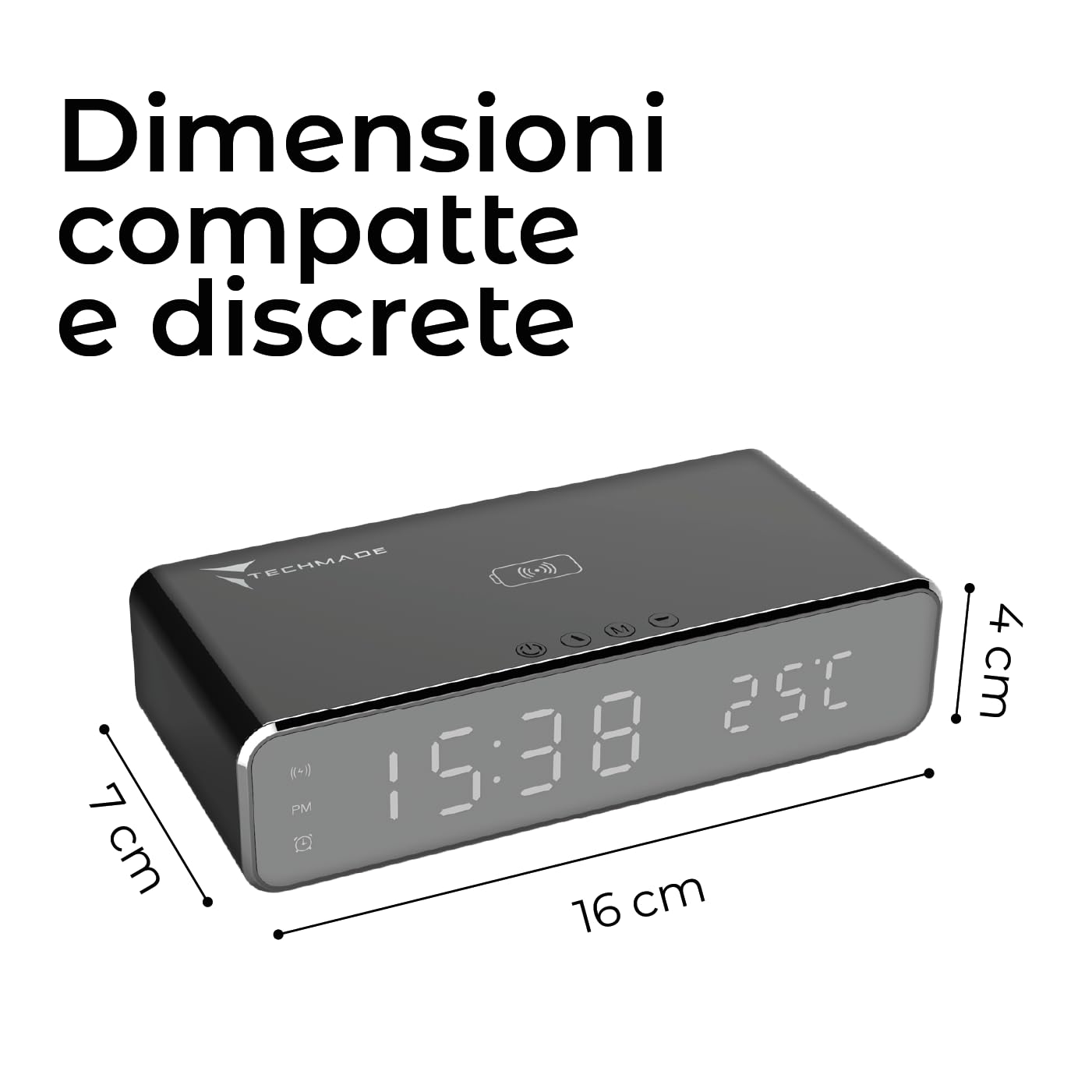 TECHMADE Sveglia Digitale con Ricarica Wireless, Sveglia con Allarme con Timer, Display LED Regolabile Luce notturna, Ricarica per iPhone, Samsung, Huawei e Altri (Black)