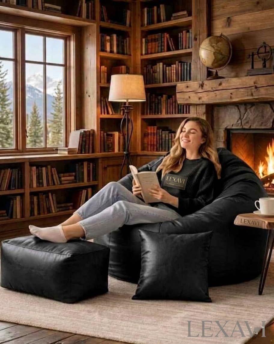 LEXAVI Brand®- 5XL Combo Set Bean Bag Footrest & Cushion Cover Without Beans | Canadian Faux Leather Large Bean Bag Chair for Adults & Kids Stylish | Gaming Seat for Living Room & Bedroom - (Black)-picture-15