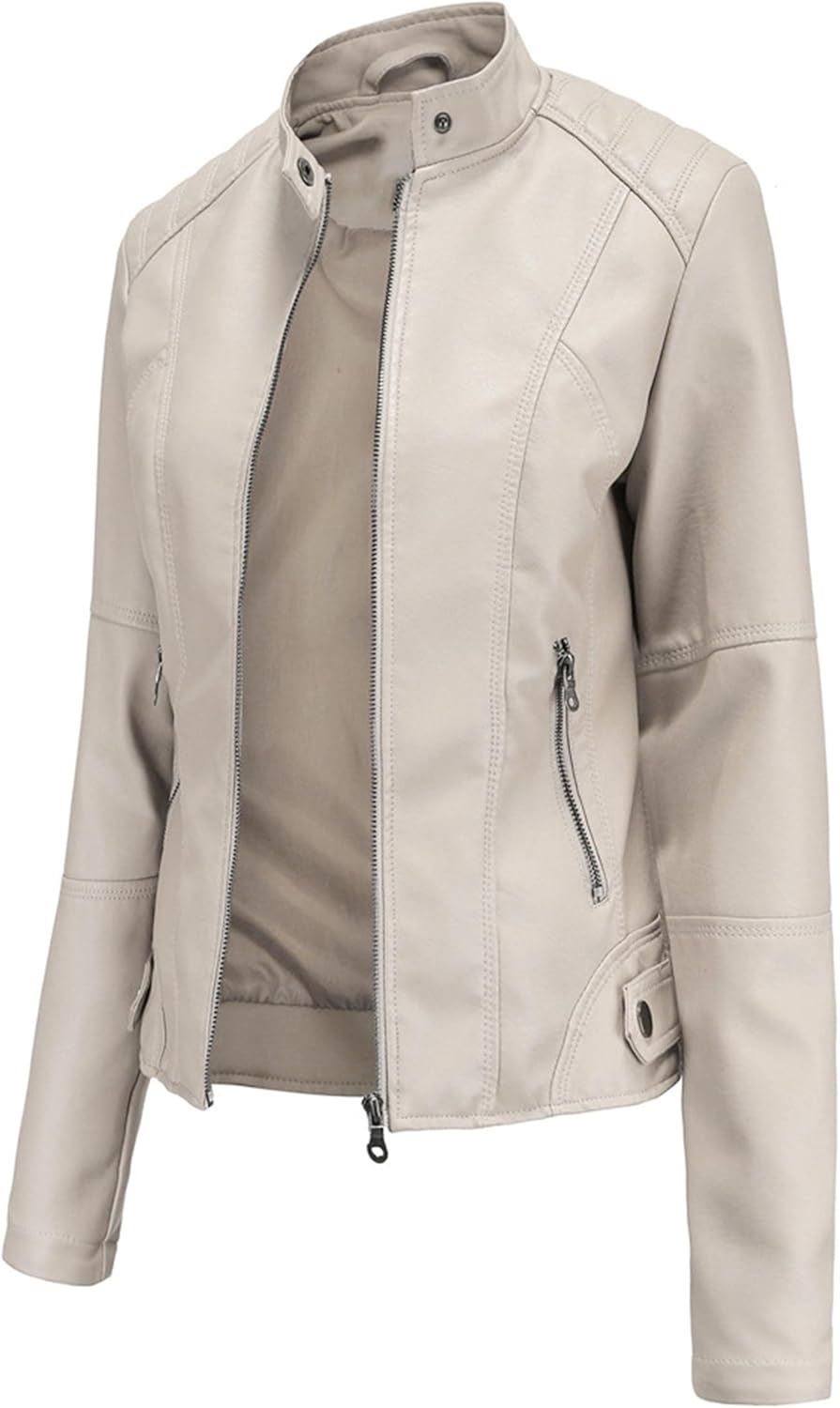 YMING Women Faux Leather Biker Jacket Motorcycle Zipper Outwear Bomber Faux PU Coat with Pockets