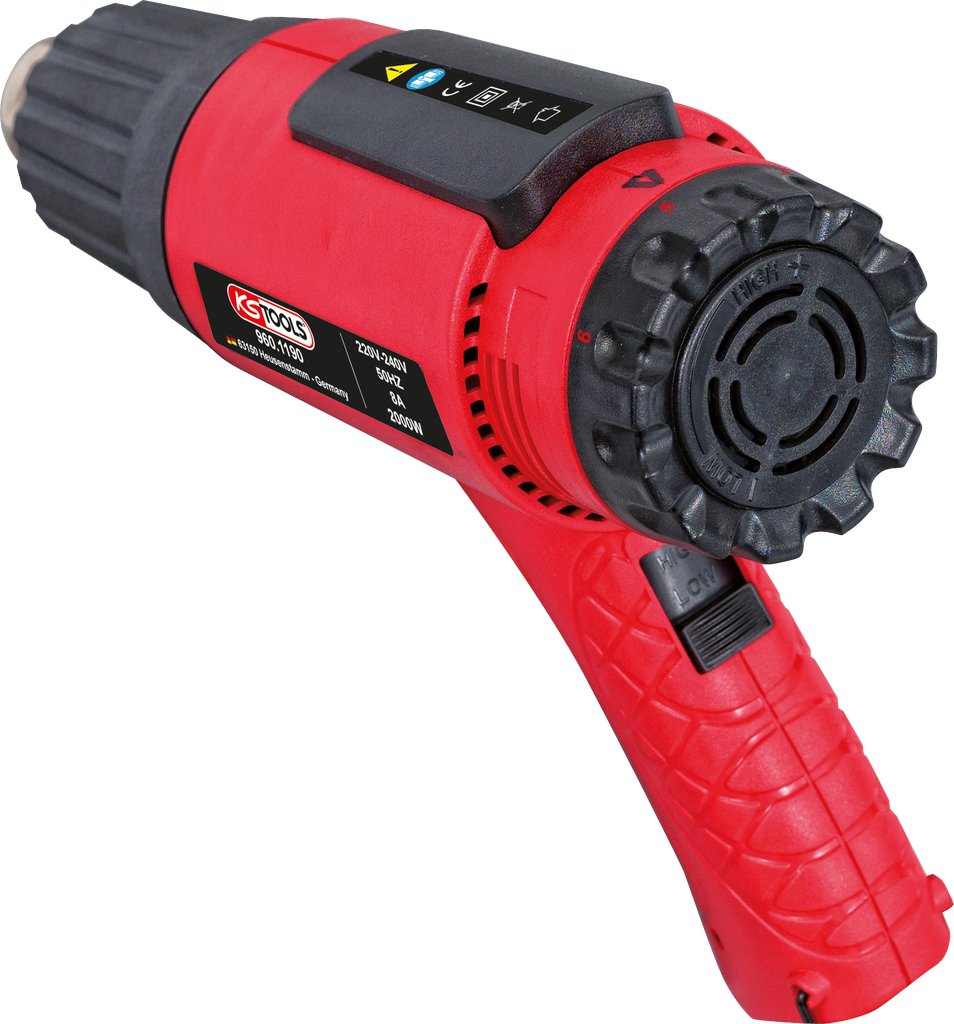 KS TOOLS 960.1190 - Décapeur Thermique 2000W - Pistolet Thermique à Air Chaud - 2 Positions - Réglage de Température par Molette sur 6 Plages entre 50° à 650° - 4 Buses - Couleur Rouge