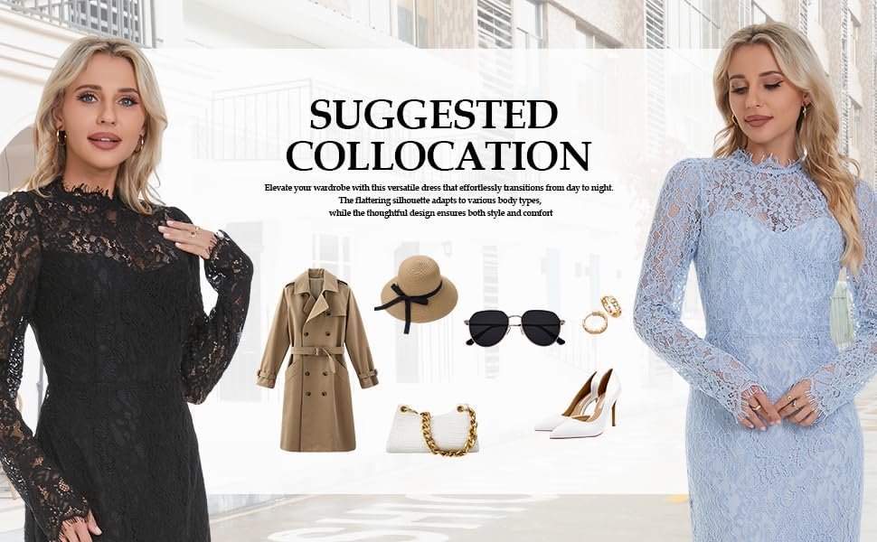 Women's Long Sleeve Lace Floral Elegant Cocktail Ocassion Party Midi Dress Wedding Guests Dress - Image 7