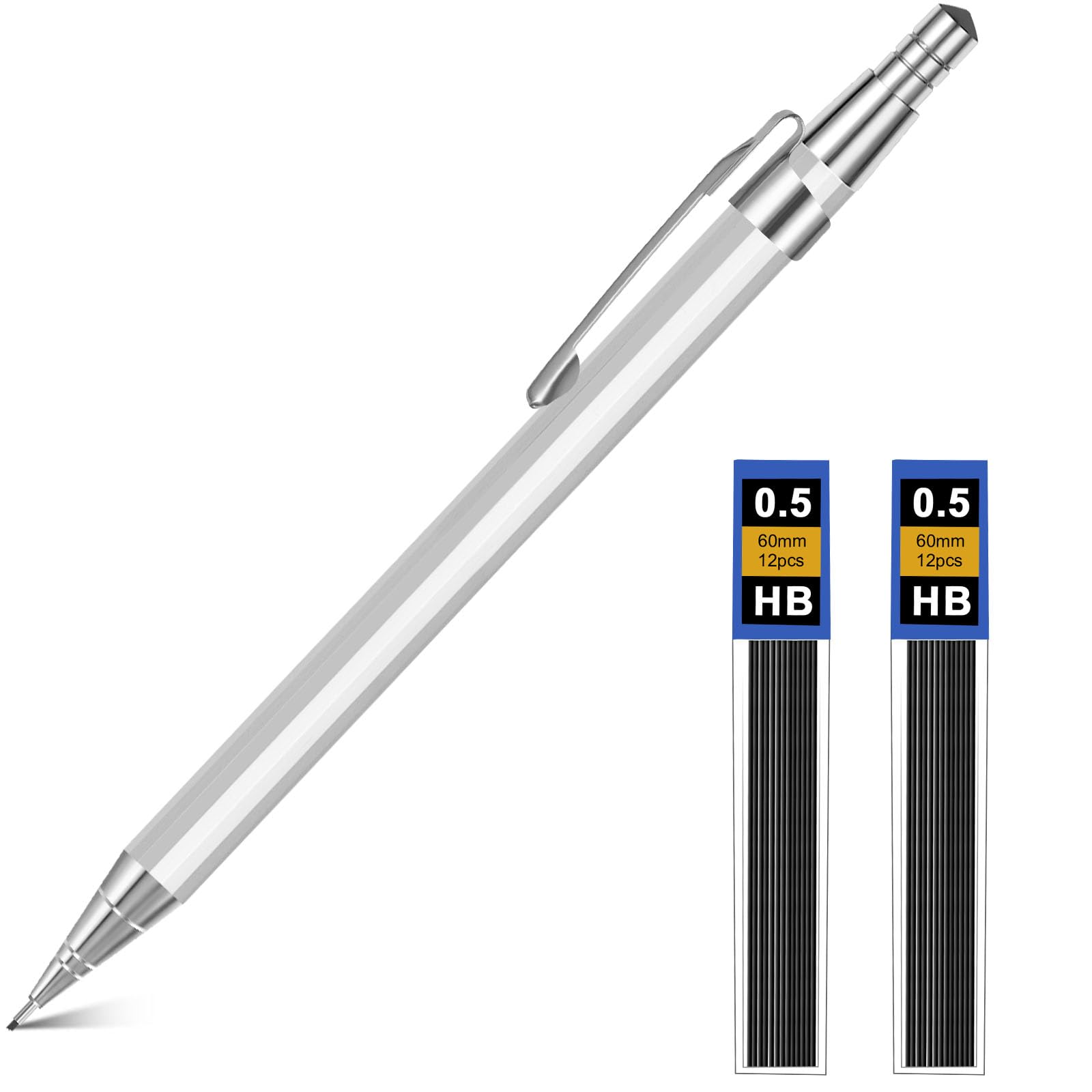 OFFCUP Set Matite Meccaniche 0.5mm Portamine in Metallo con 2 Tubo HB Mine per Disegno Scrittura Schizzi Argento