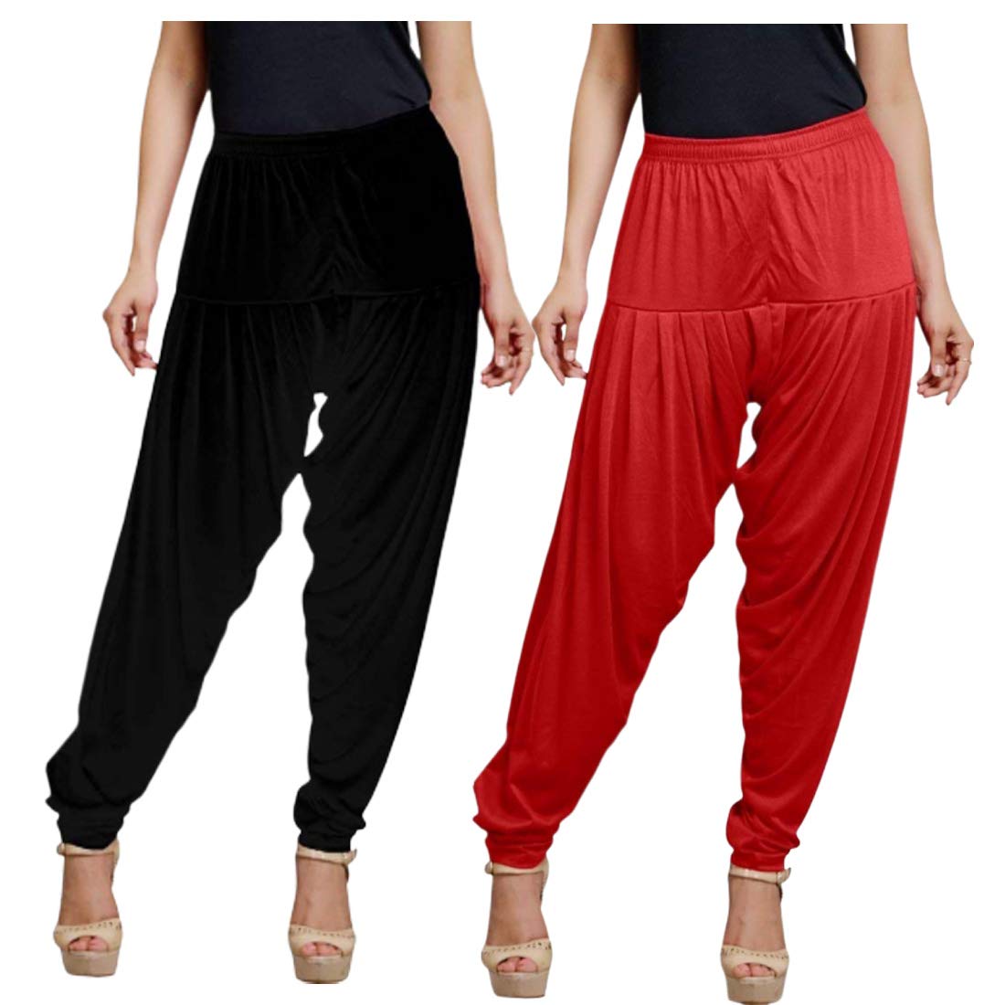 Valar Women's Viscose Solid Patiala Pant Combo Pack of 2 (Black and Red)