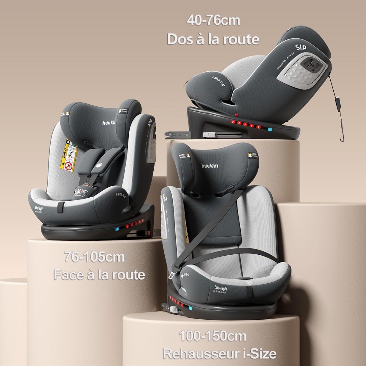 Heekin siège auto bébé 360 pivotant ISOFIX+TopTether 0-36kg 0-12ans Gris