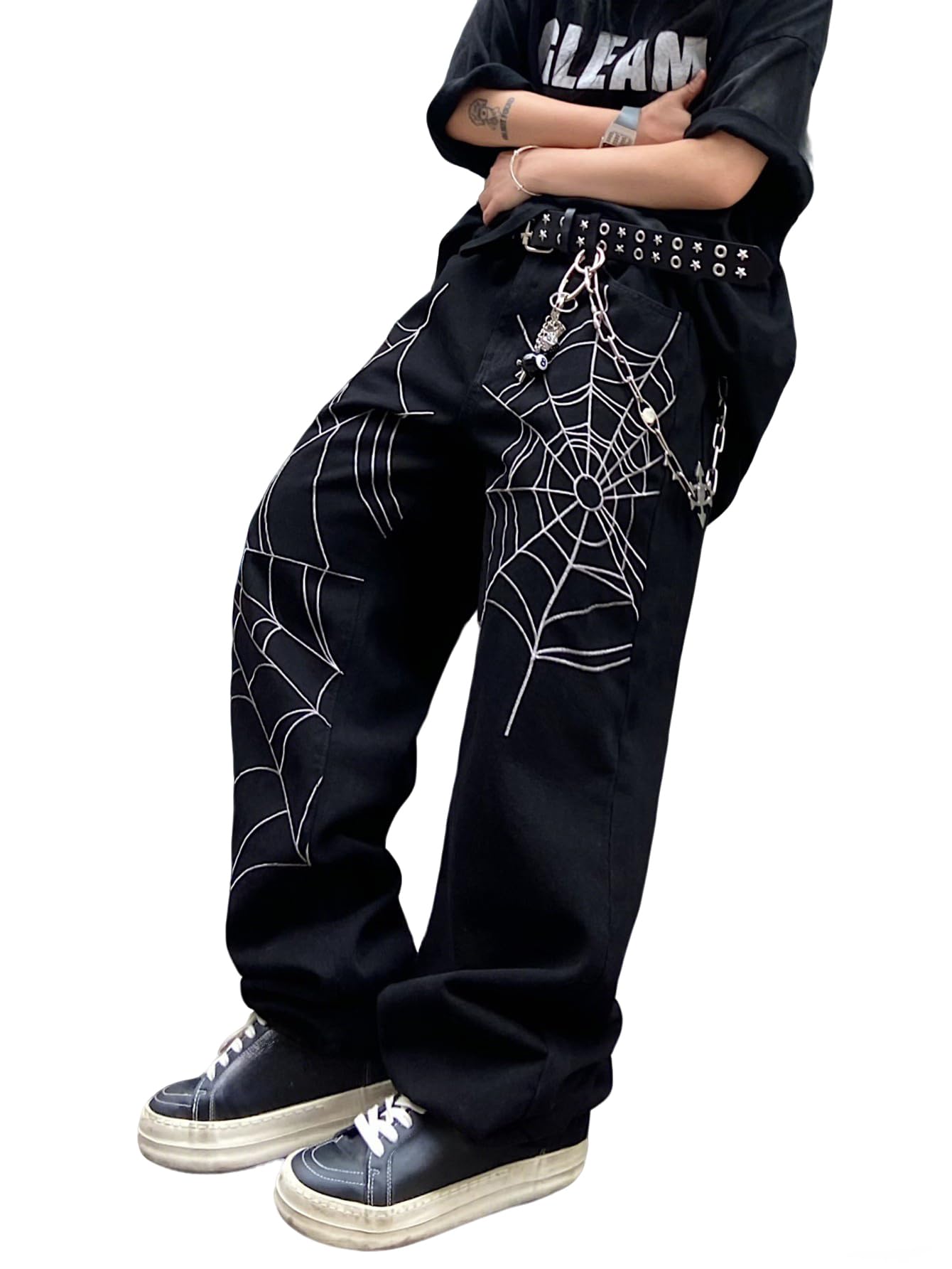 DFGIGT Men's Hip-hop Embroidered Baggy Jeans Loose Fit Denim Black Trousers