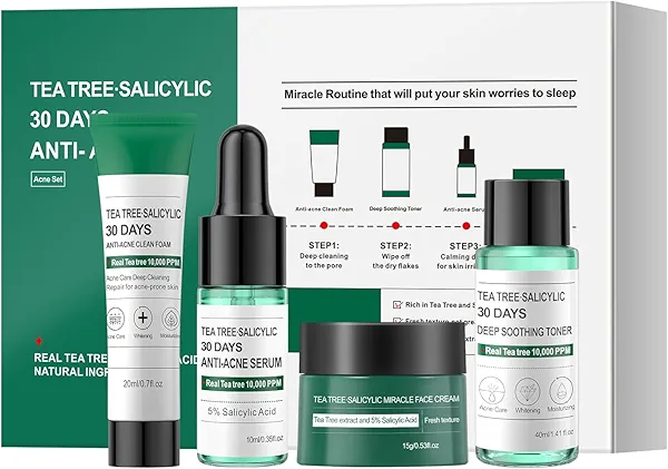 Tea Tree Salicylic Acid Facial Skin Care Set, Travel Size Gifts Set Cystic Hormonal Acne Treatment Face Wash Cleanser, Facial Toner Cream Moisturizer Travel Essentials for Pimple Adult Oil Control Kit