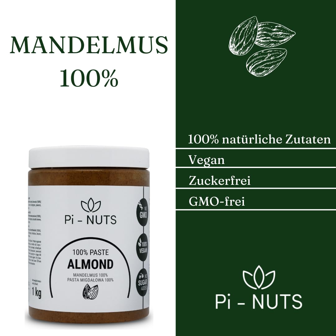 Pi-nuts Mandelpaste 100% - ohne Zusatzstoffe, Konservierungsmittel - ‎Mandelcreme aus gerösteten und geschälten Mandeln - Mandelmus Zum Backen, Desserts und Frühstück - 1 kg