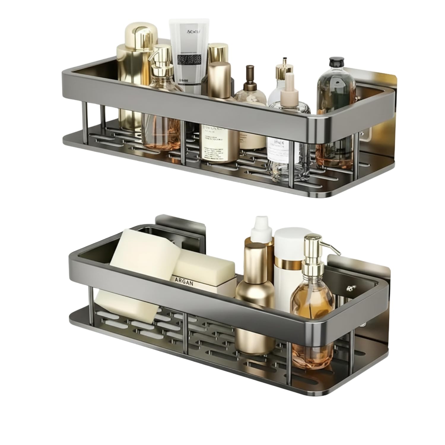 VEXORA Wall Mounted Bathroom Shelf Organizer | Stainless Steel Shower Caddy Rack for Shampoo, Soap & Toiletries | Rust Resistant, Drainage Design, Space Saving Bathroom Storage (Pack of 2)