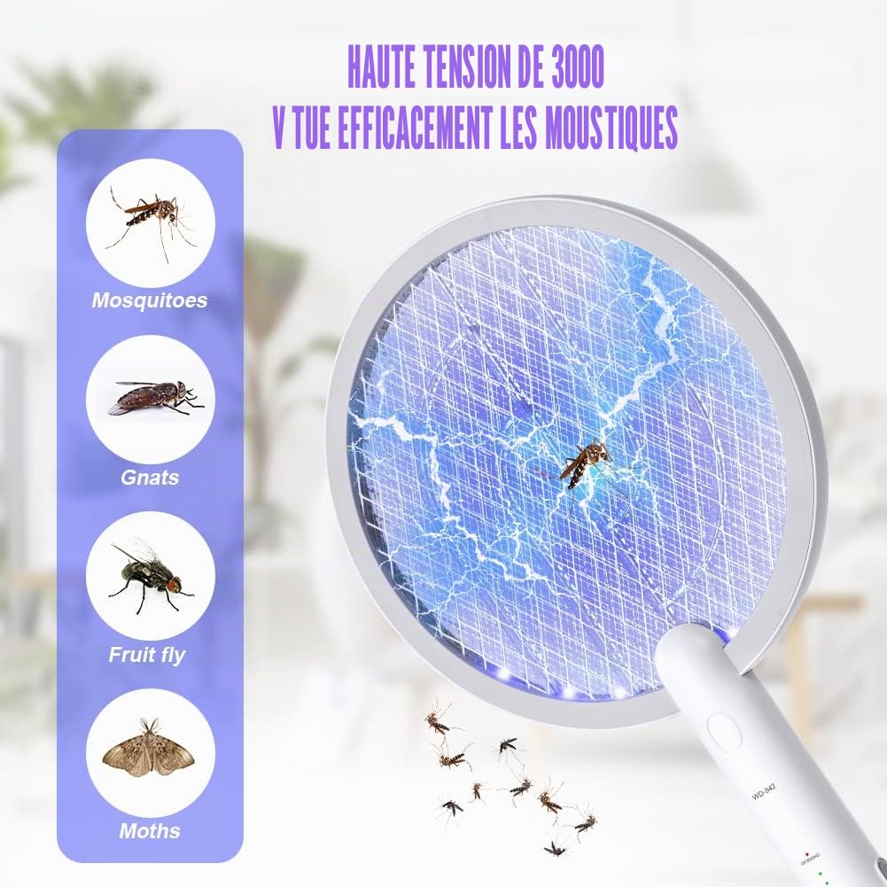 Flintronic Raquette Electrique Insectes, 3000V Raquette Anti Moustiques Électrique avec USB Base de Charge, 3 Couches Protection en Maille et Lumière de Nuit LED, Tapetteà Mouche Electrique