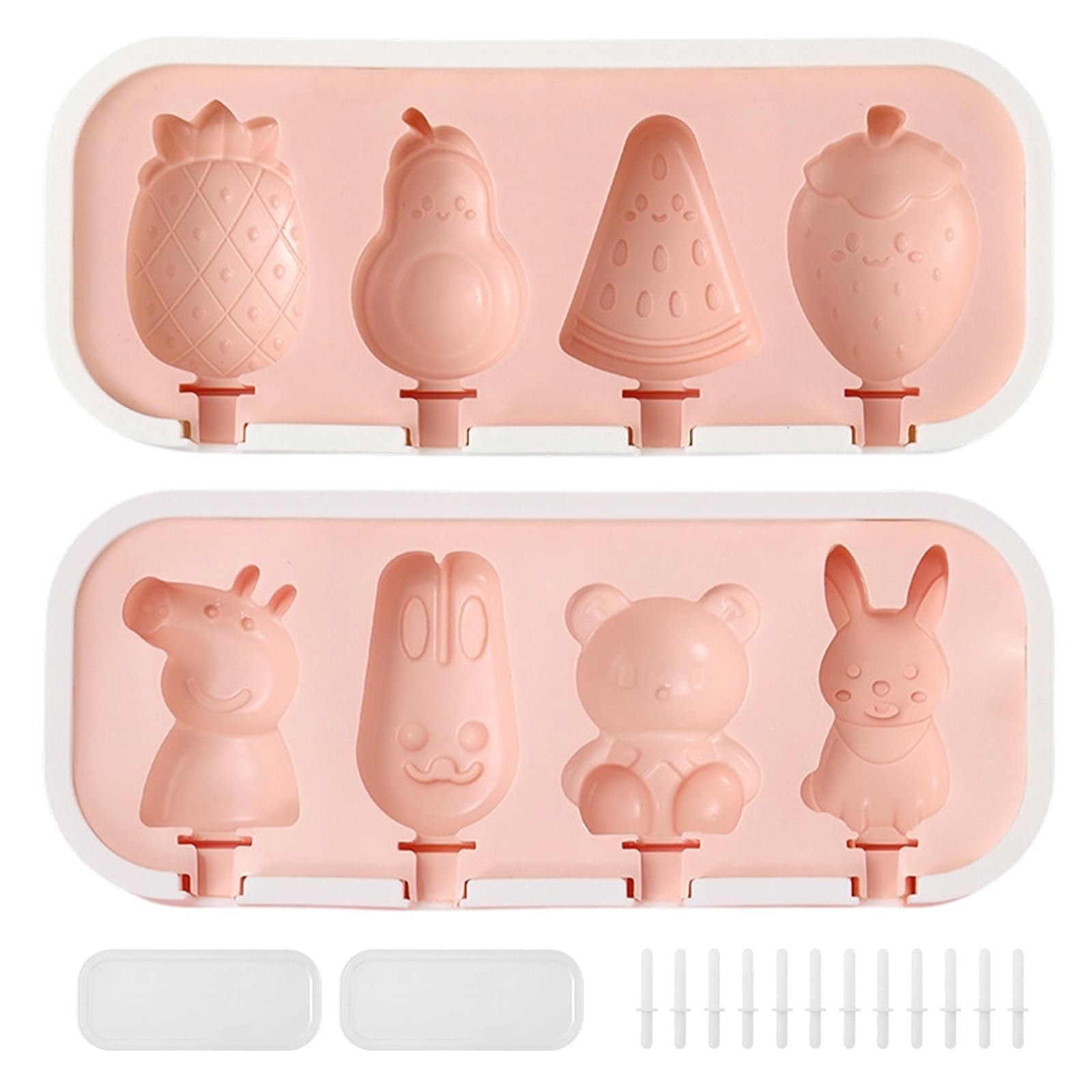 Set 2 Moldes para Helados de Silicona, 8 Formas Dibujos Animados & Frutas Molde Helado con Tapa y 12 Palitos Reutilizables, Sin BPA para Hacer Helados Caseros