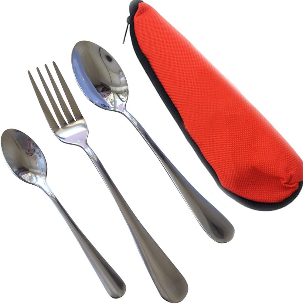 3 Piece Stainless Steel Flatware Set ( Dessert Spoons, Dinner Fork, Demitasse Spoons ) Coffee Pasta Cutlery Serving Set for Mess Kits, Work Lunches, Travel, Camping with Neoprene Case & Gift