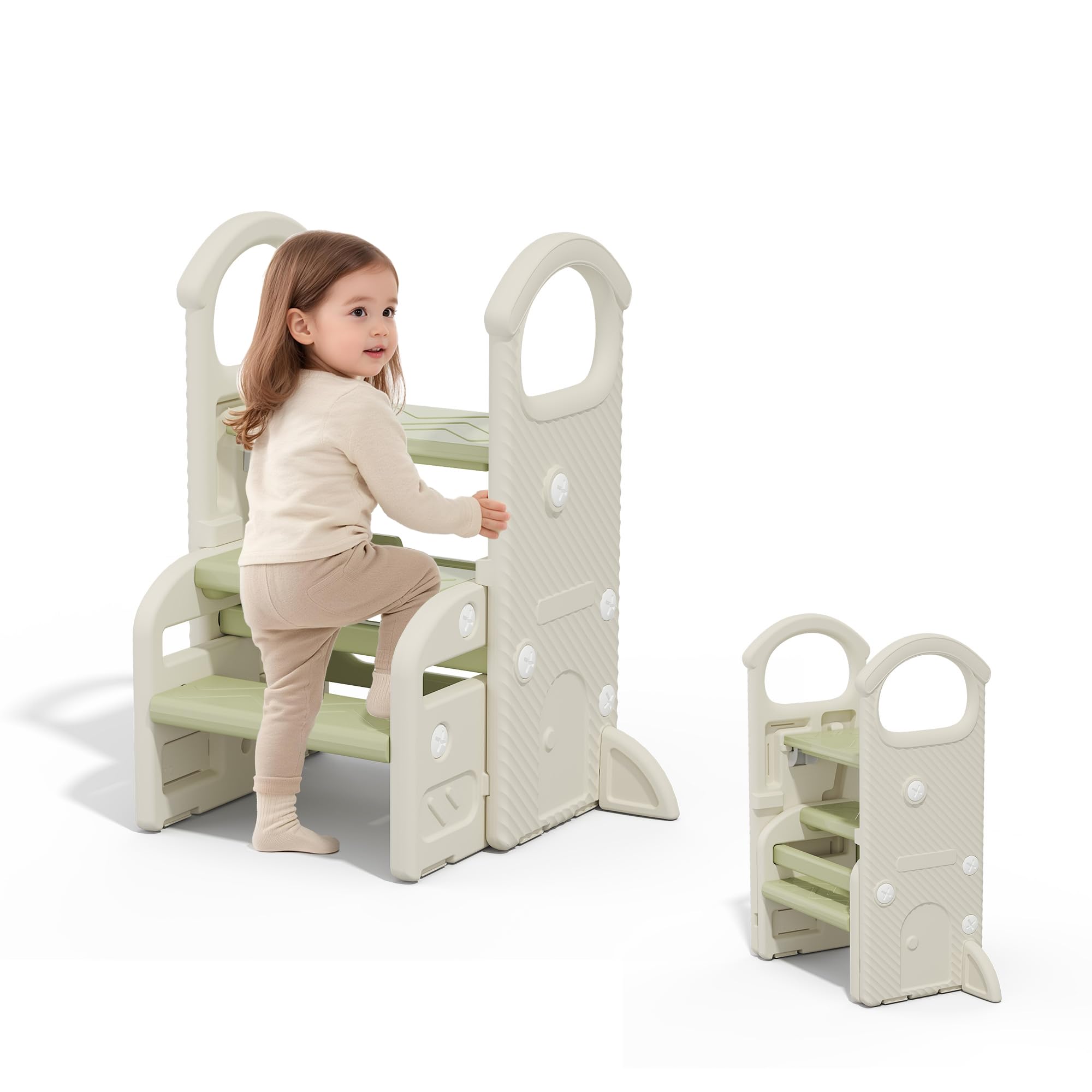 Hominewti Sgabello Per Bambini, Altezza Regolabile A 2-3 Gradini, Sgabello Pieghevole Multifunzionale Per Bambini Con Braccioli, Antiscivolo, Scaletta Per Bambini Piccoli, Per Bagno E Cucina, Verde
