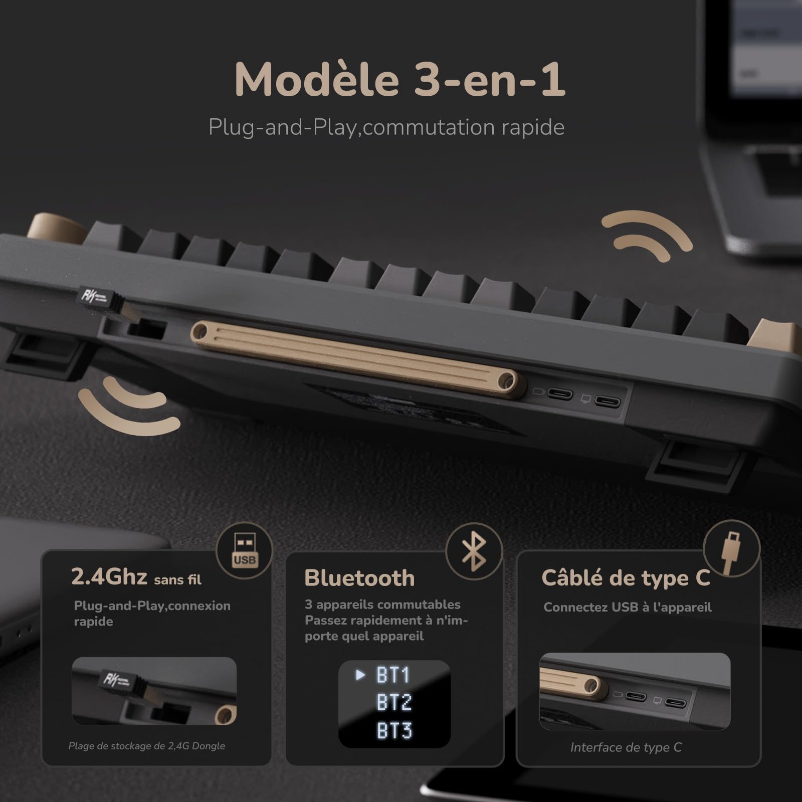 RK ROYAL KLUDGE M75 Clavier Mécanique sans Fil, Azerty BT5.0/2.4G/USB-C Compact 75% Clavier Gamer Mécanique avec écran Intelligent OLED et Bouton Rétroéclairage RVB, Interrupteur Rouge, Grey