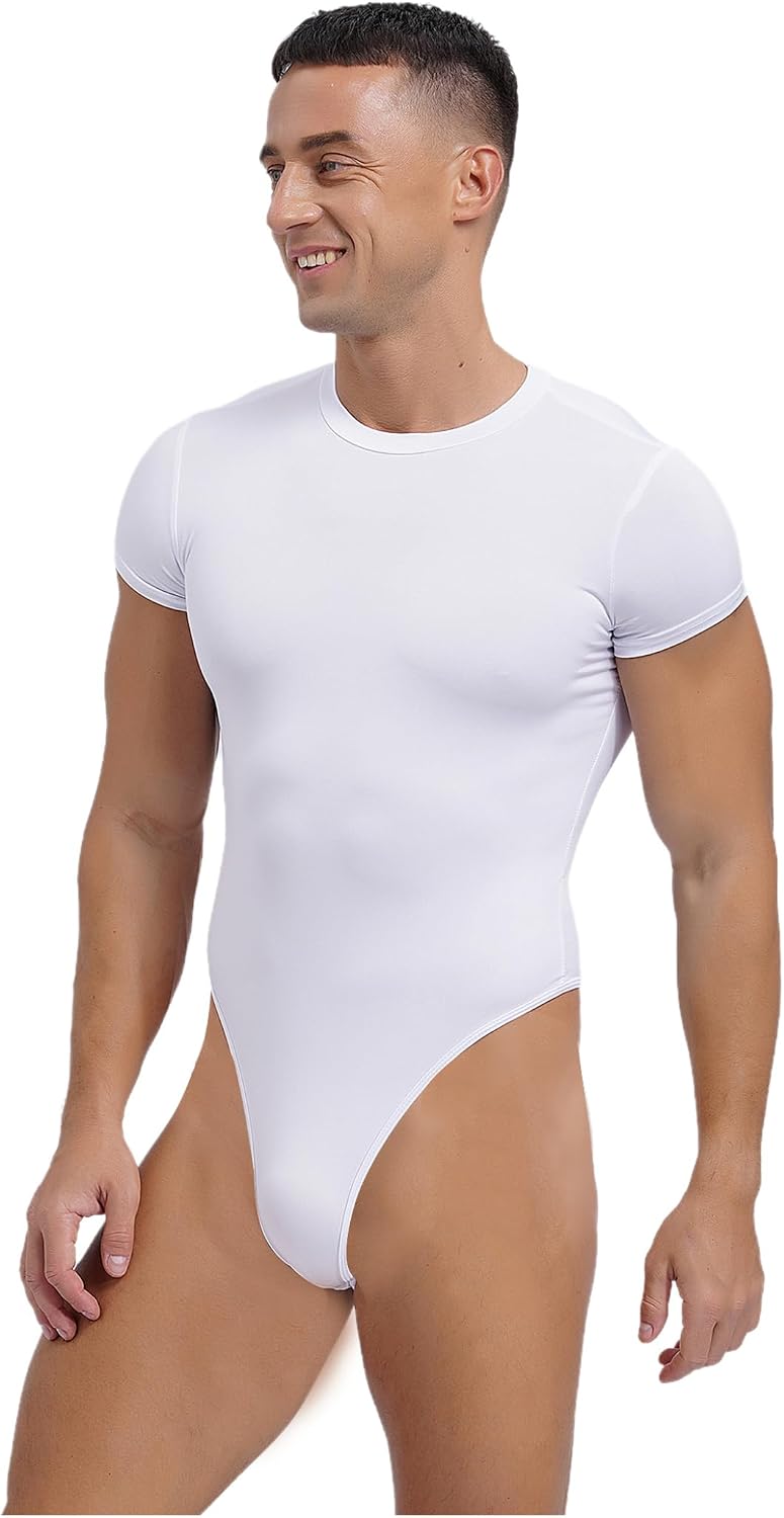 Jelory Mens Short Sleeve Undershirt Stretch Button Crotch Jumpsuit Mankini Rompers Athletic Supporters White Large