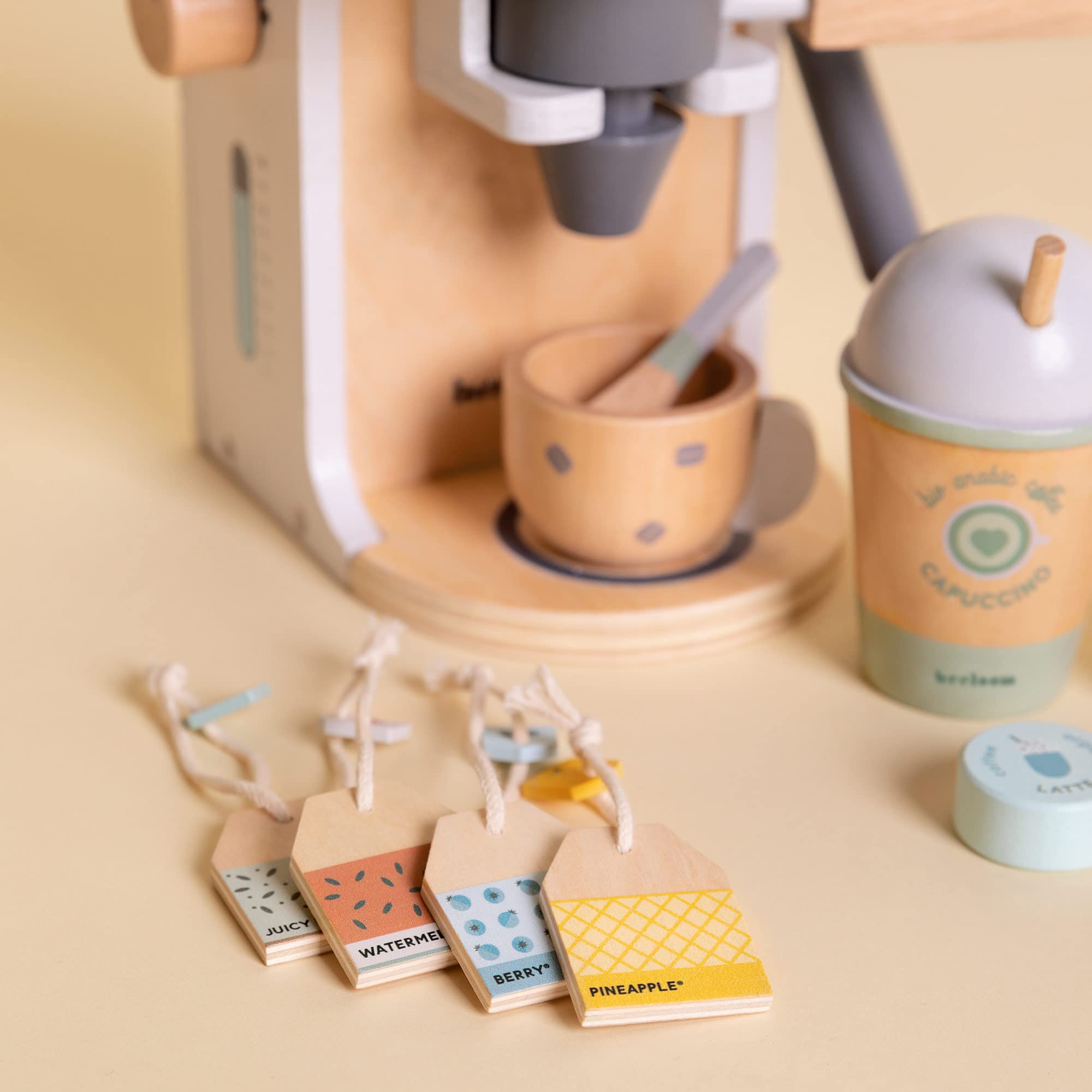 Beeloom - Cafetera de Madera Natural de Juguete Infantil, Lalapresso, Set Juego simbólico para niños y bebés, cápsulas Accesorios