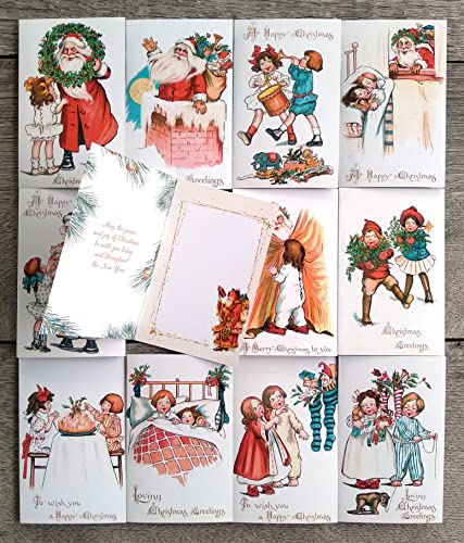 Image of PIXILUV CHRISTMAS KIDS (Pack of 12) Notecards Small Greeting Cards # Vintage Children Playing and Helping Santa ~ Vintage Christmas Postcards Reprint
