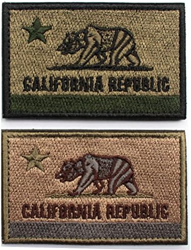 2pcs Bundle -California State Flag California Republic Bear Tactical Morale Patch Wth Backing Coyote Olive Drab Decorative Embroidered Appliques (Tan Olive Drab)
