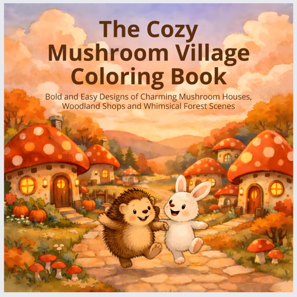 The Cozy Mushroom Village Coloring Book: Bold and Easy Designs of Charming Mushroom Houses, Woodland Shops and Whimsical Forest Scenes — Simple ... and Stress Relief (Cozy Coloring Collection)