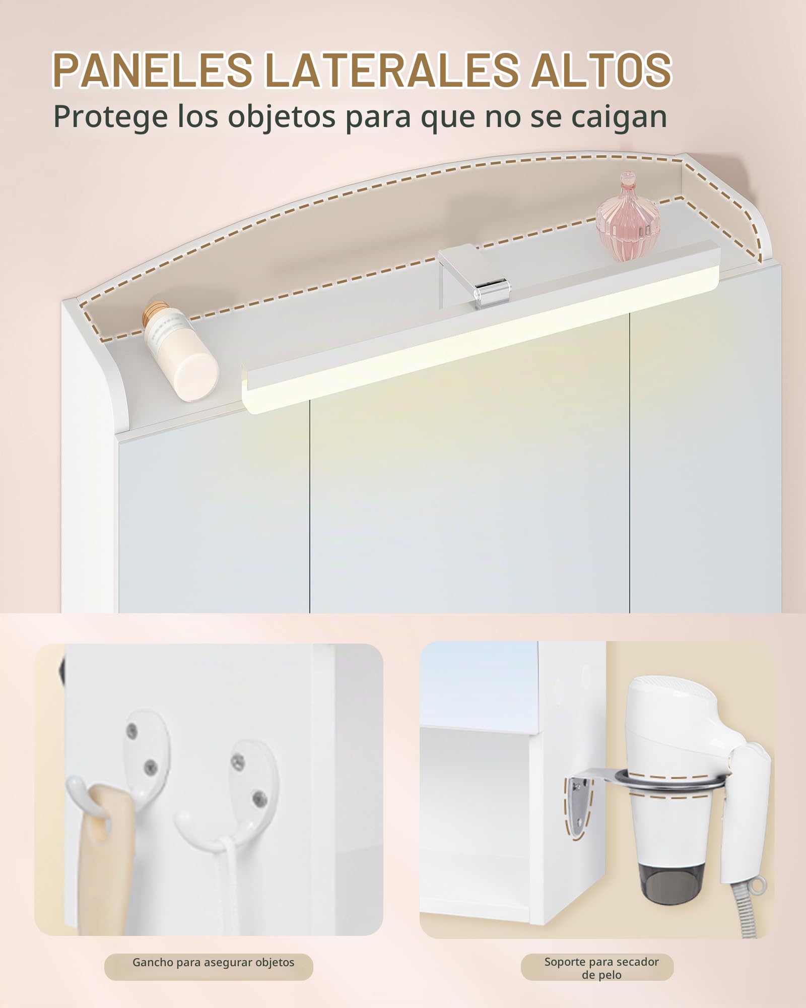 Hzuaneri Armario de Baño, con Espejo y Luz LED, 2 Enchufes CA + 2 USB, Mueble Espejo de Pared con Interruptor y Enchufe, Soporte para Secador de Pelo, Ganchos, Estantes Ajustables, Blanco MC00603XEU