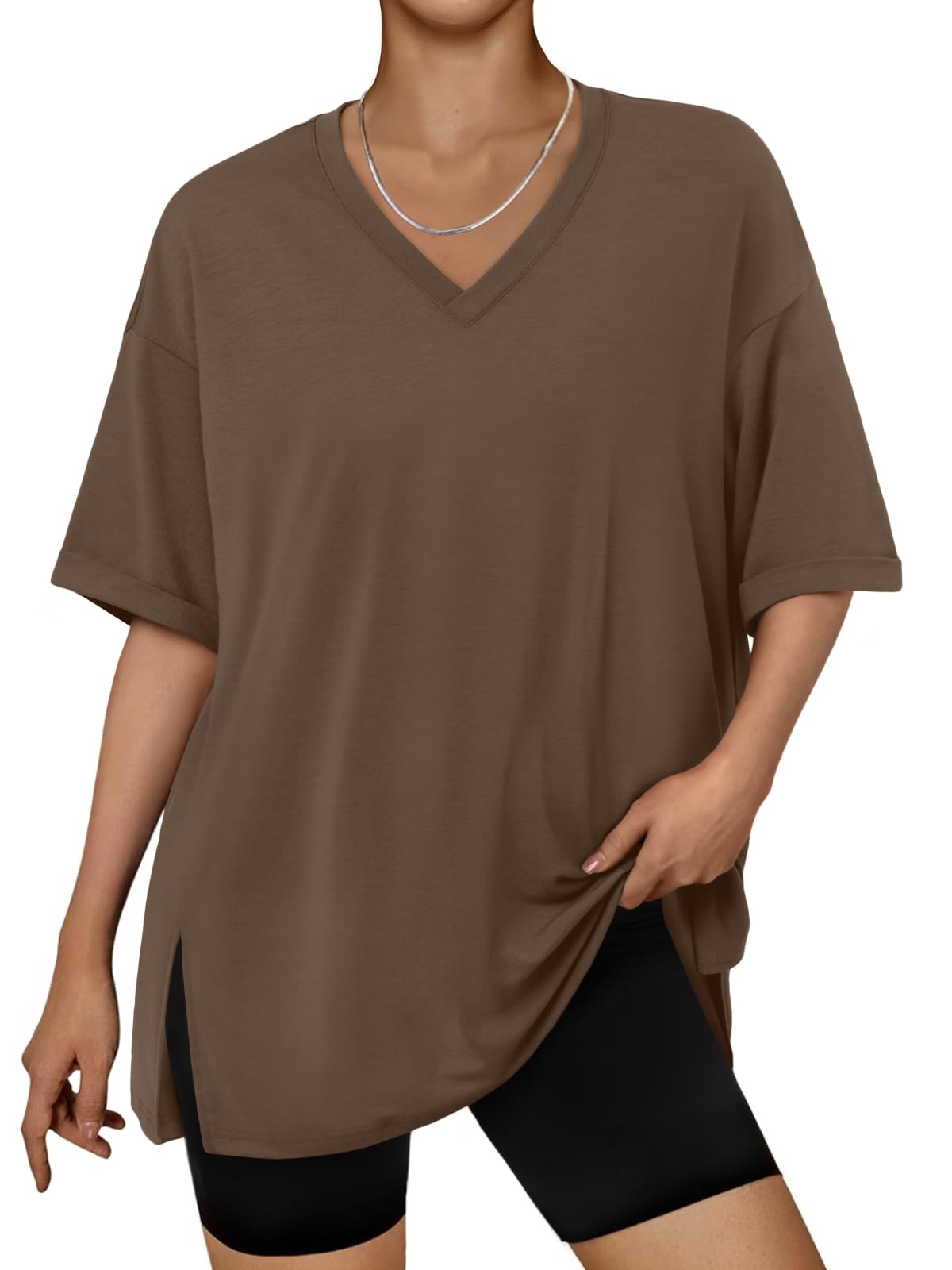 Trendy Queen Plus Size Oversized V-Neck Tshirt Breathable Elastic Fabric Tunic for Workout Gym Casual Homing Wear