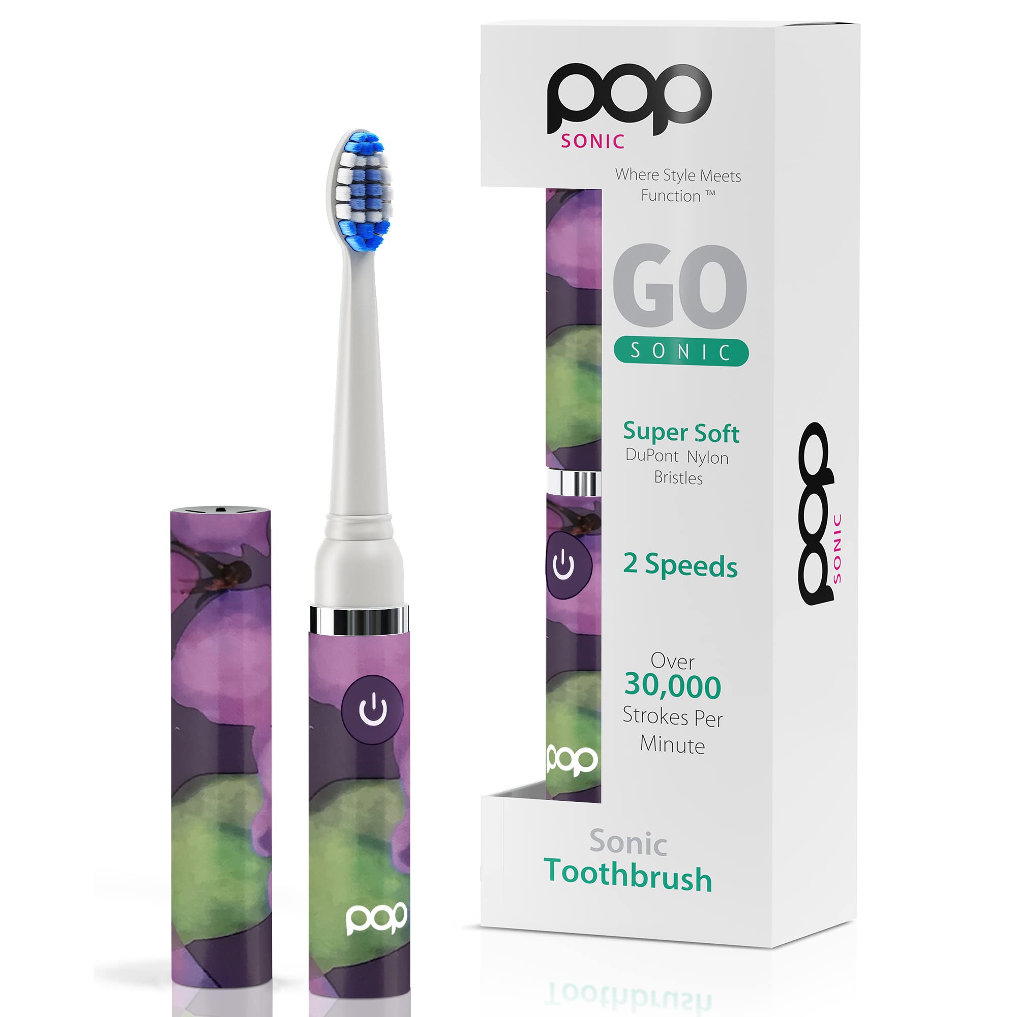 Pop Sonic Electric Toothbrush (Purple Watercolor) - Travel Toothbrushes w/AAA Battery | Kids Electric Toothbrushes with 2 Speed & 15,000-30,000