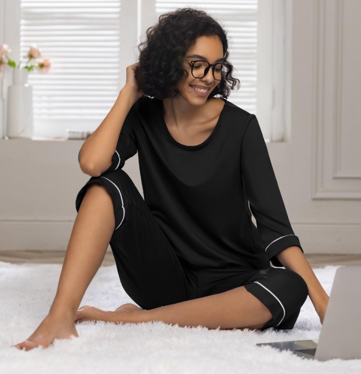 PrinStory Pigiama da donna casual a 3/4 con maglietta corta e pigiama corto con tasche traspirante set pigiama estivo set da notte