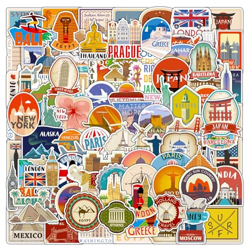 DothRayan 100Pcs World Travel Stickers Pack Vacation Sticker Famous City Landmark Waterproof Vinyl Travel Luggage Stickers for Water Bottle Laptop Scrapbooking Aesthetic Vintage Tourism Decals