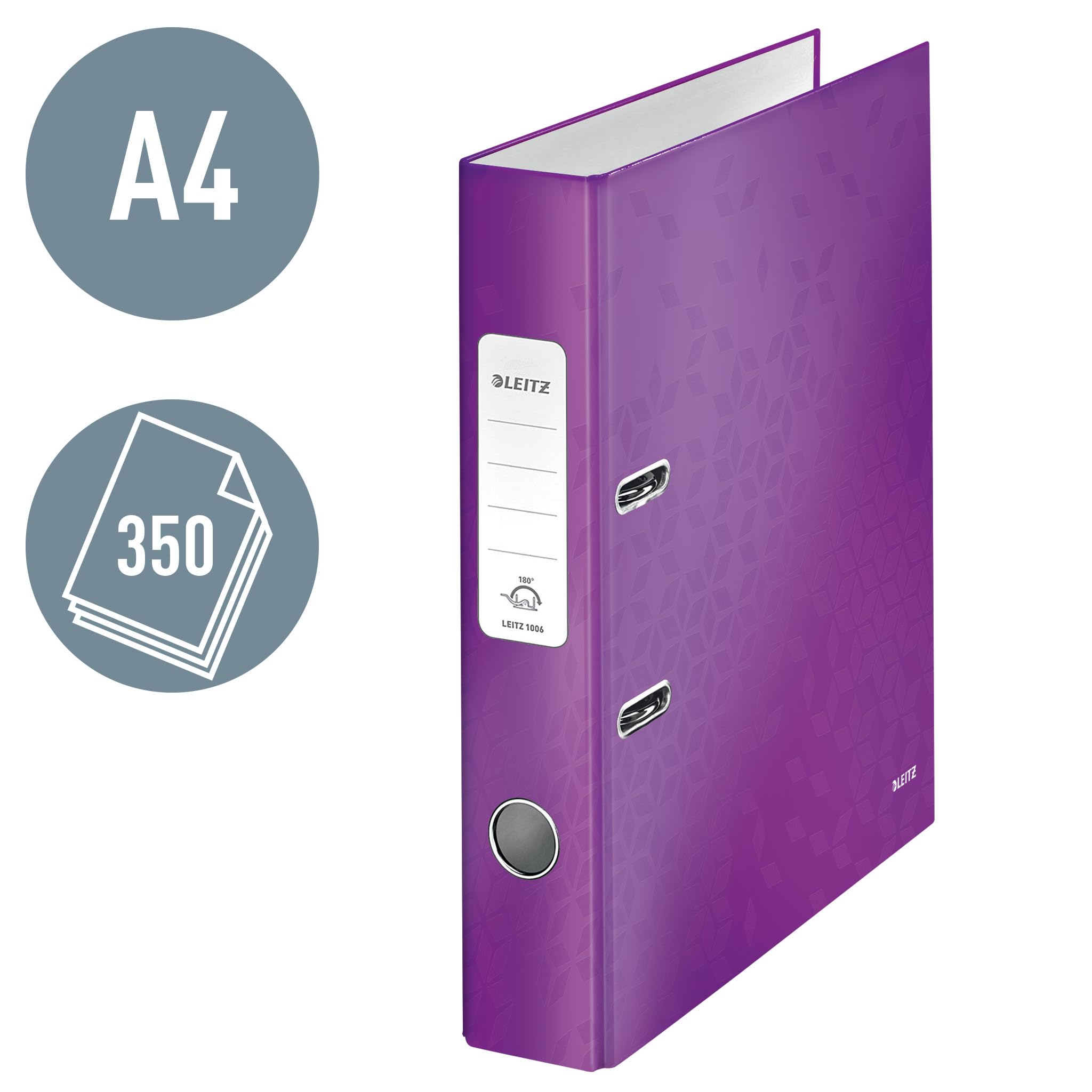 Leitz 10060062 segregator 180°, 10 sztuk, format A4, wąski, szerokość grzbietu 5,2 cm, laminowana szara tektura, fioletowy, seria WOW, wzór może się różnić