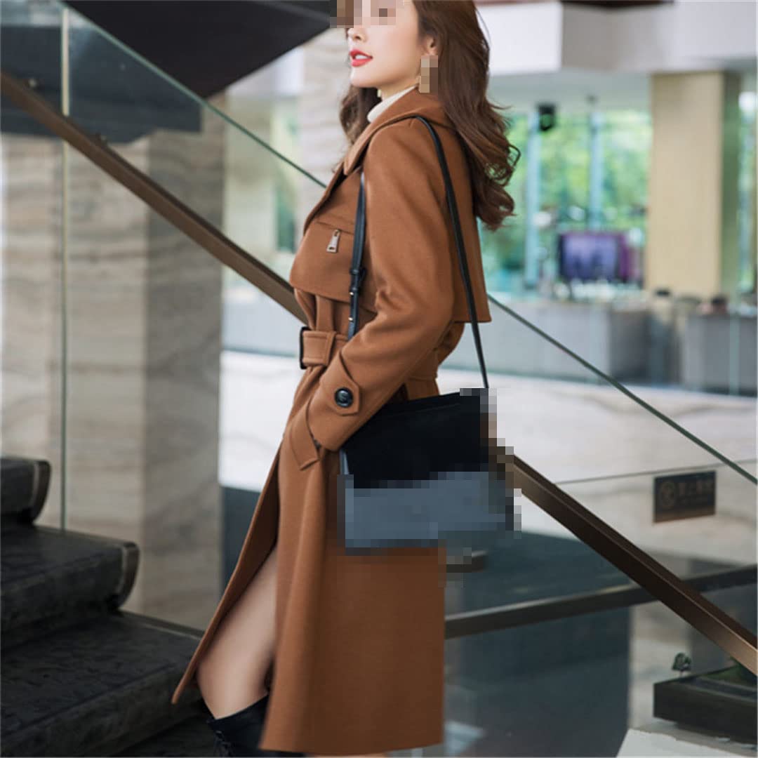 Alloaone Chaqueta de lana con cinturón de solapa para mujer, abrigo de lana de manga larga gruesa de doble botonadura, Negro, M